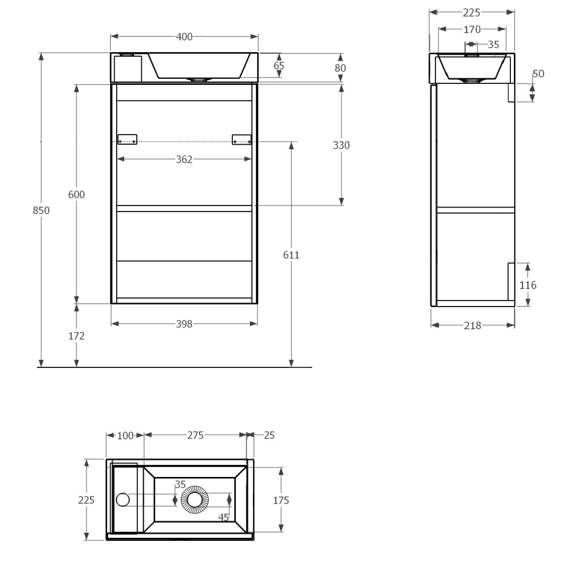 Saneux Quadro 400mm Wall Hung Mounted Bathroom Vanity Unit & Basin In Driftwood Grey