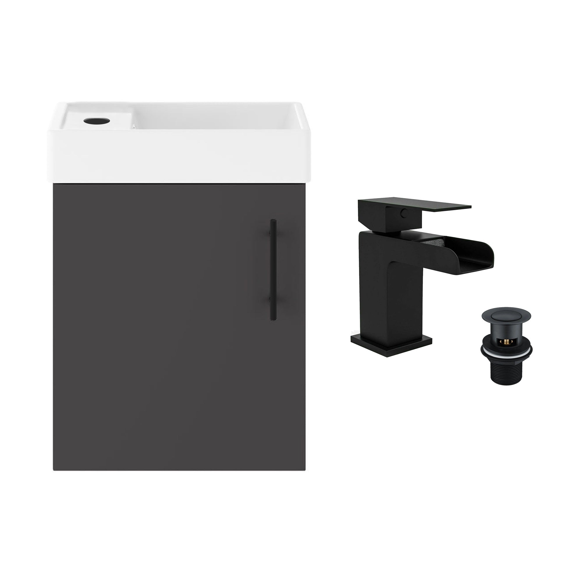 Anthracite Grey 400 Wall Hung Basin Sink Vanity Unit & Matt Black Waterfall Basin Tap & Handle