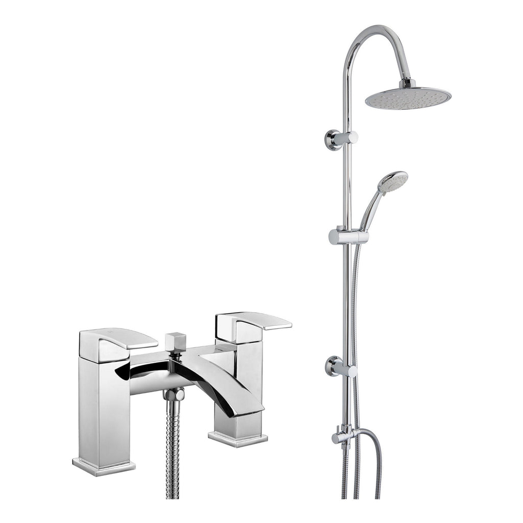 Modern Chrome Waterfall Bath Shower Mixer Tap with 5-Mode Handset & Round Overhead Rigid Riser Kit