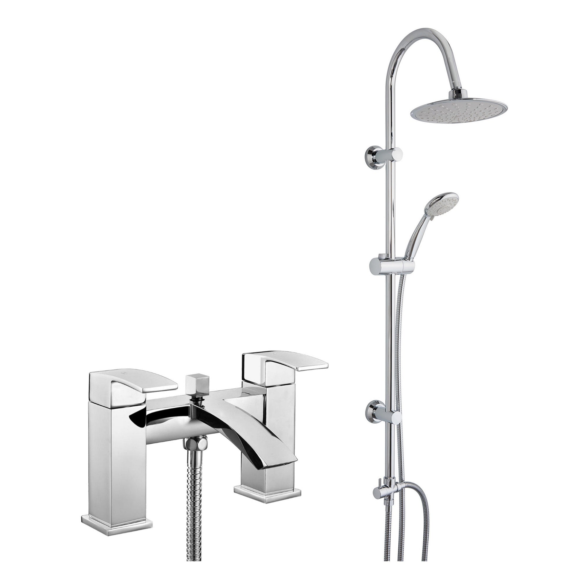Modern Chrome Waterfall Bath Shower Mixer Tap with 5-Mode Handset & Round Overhead Rigid Riser Kit