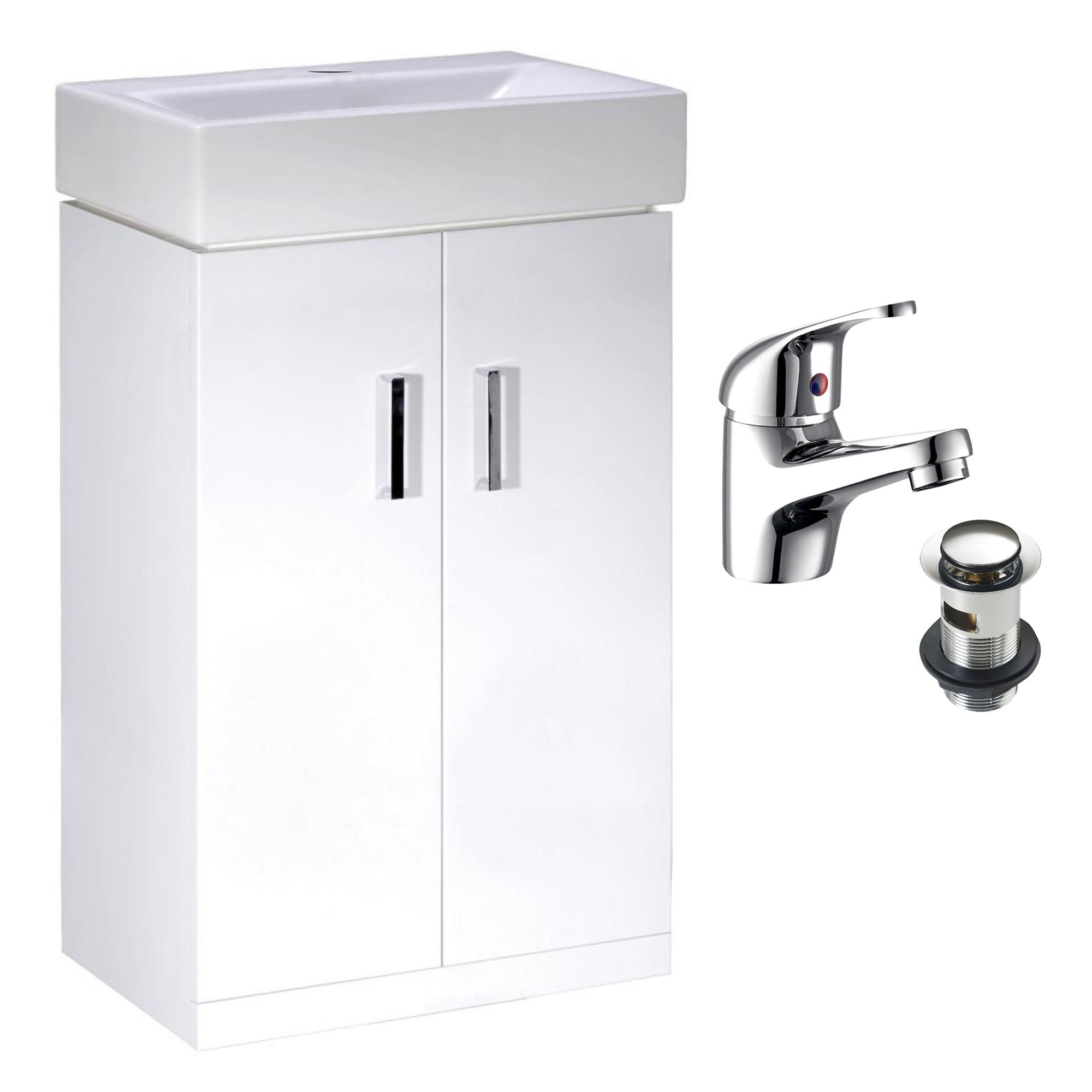 450mm Gloss White 2 Door Floorstanding Vanity Basin Sink Unit & Chrome Dom Single Lever Tap & Waste