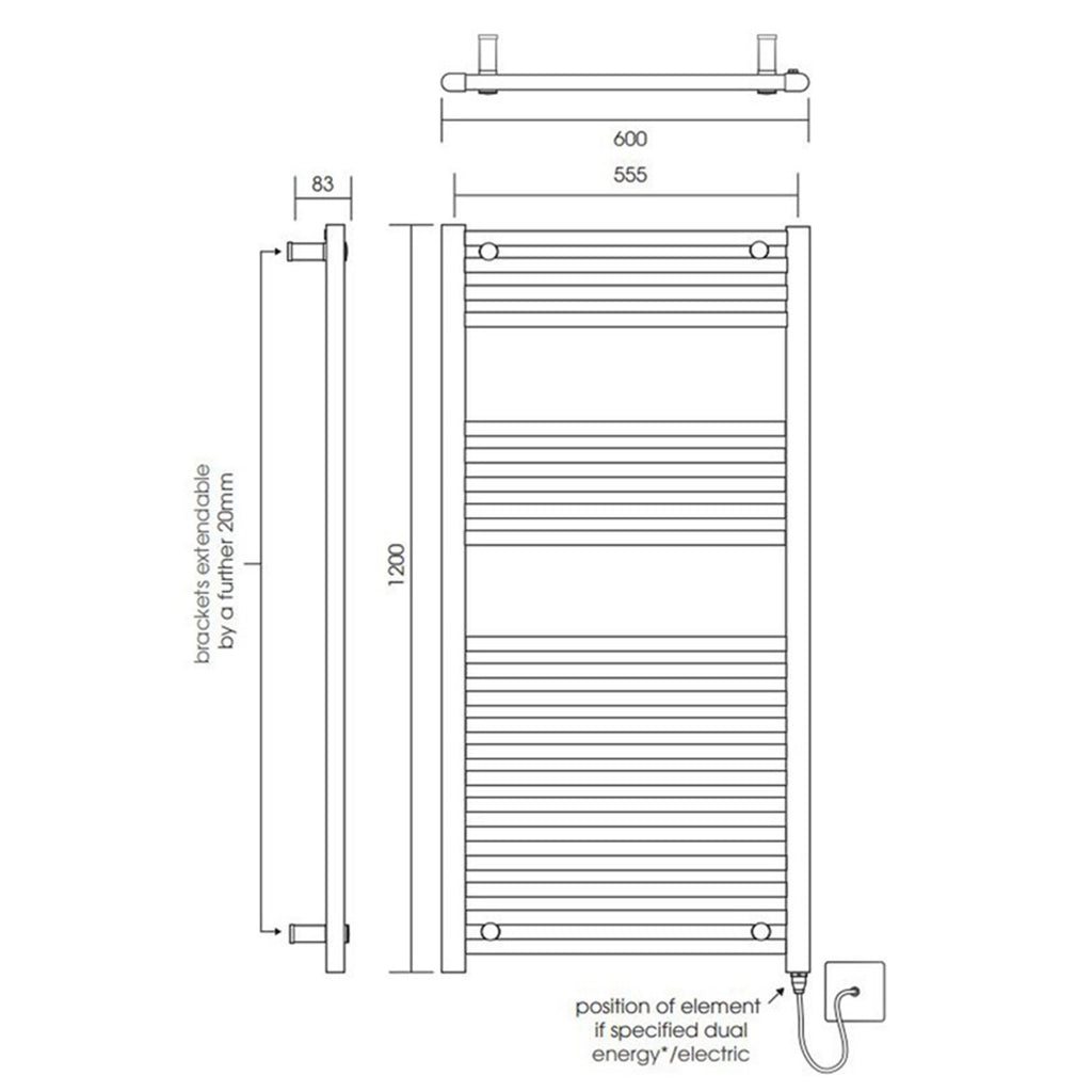 600x1200mm Straight Chrome Heated Towel Warmer Ladder Rail Radiator