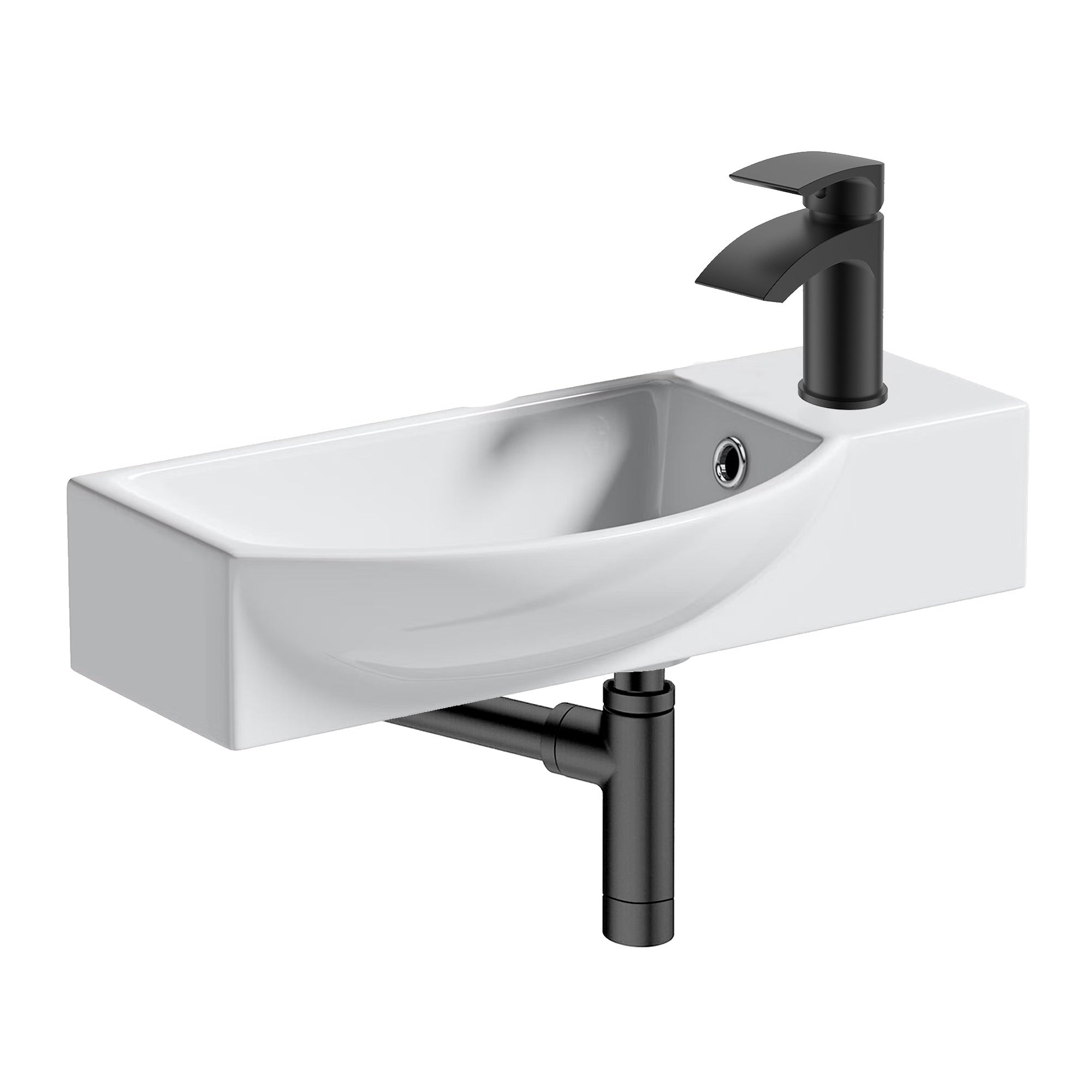 460mm Wall Hung Cloakroom Basin with Matt Black Waterfall Tap & Bottle Trap - Complete Kit