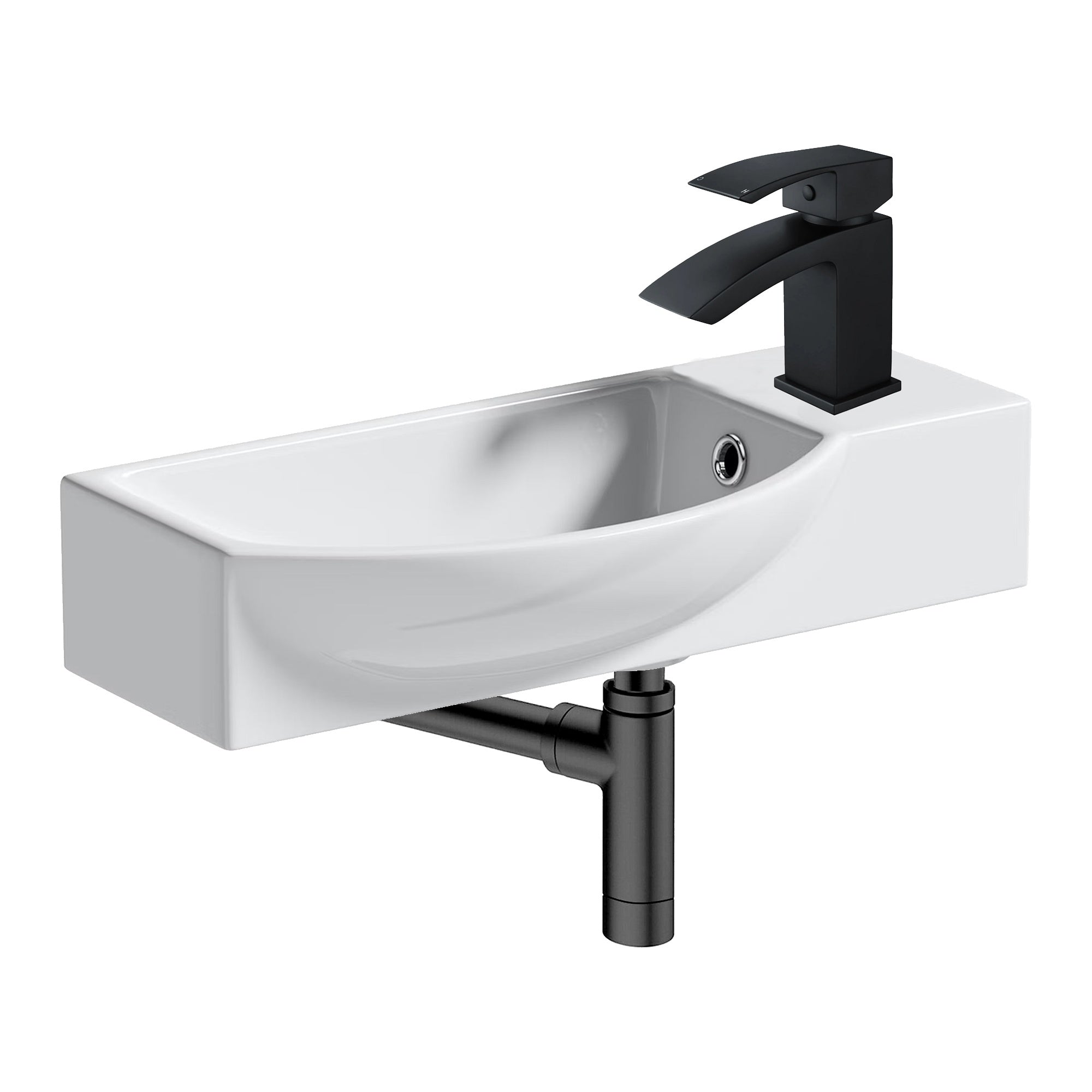 460mm Wall Hung Cloakroom Basin & Matt Black Tap Set with Pop-Up Waste & Bottle Trap