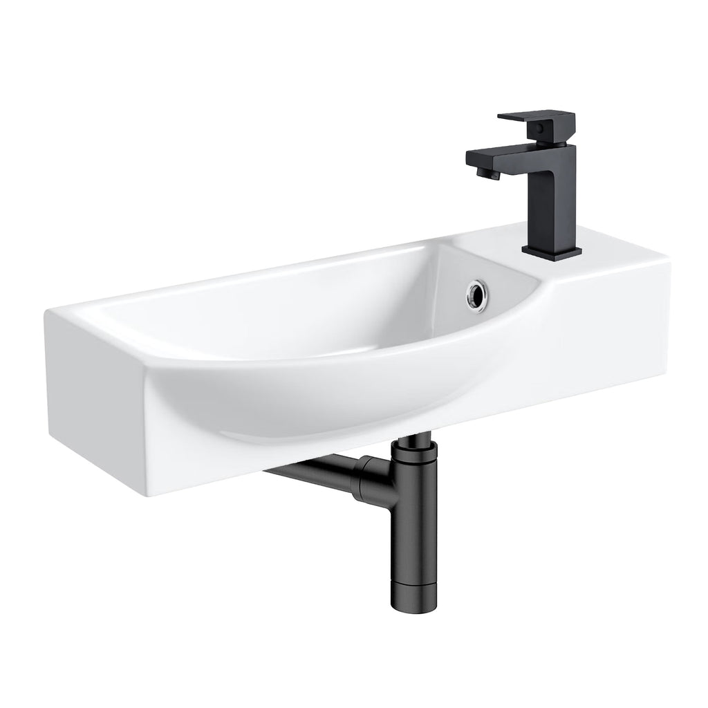 400mm Curved Wall Hung 1 Tap Hole Basin Matt Black Form Tap & Minimalist Bottle Trap Waste