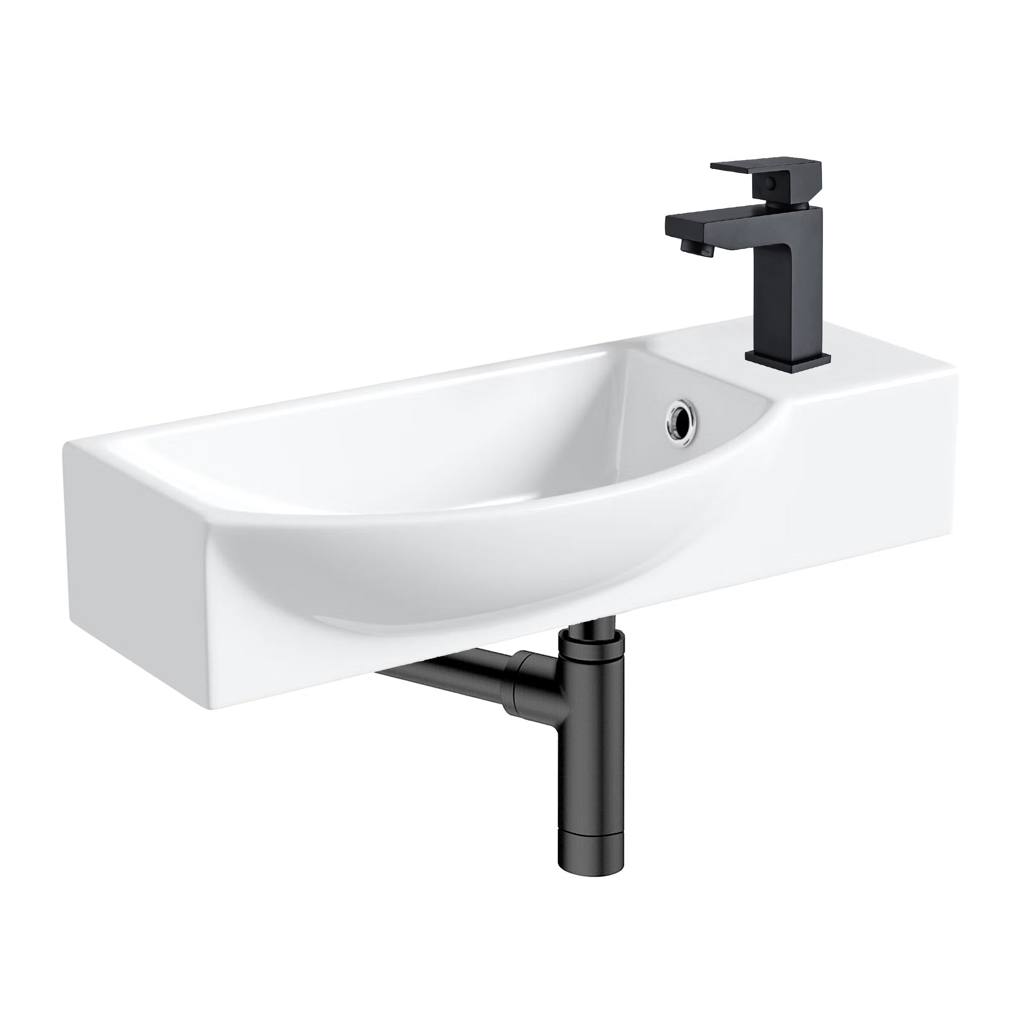 400mm Curved Wall Hung 1 Tap Hole Basin Matt Black Form Tap & Minimalist Bottle Trap Waste