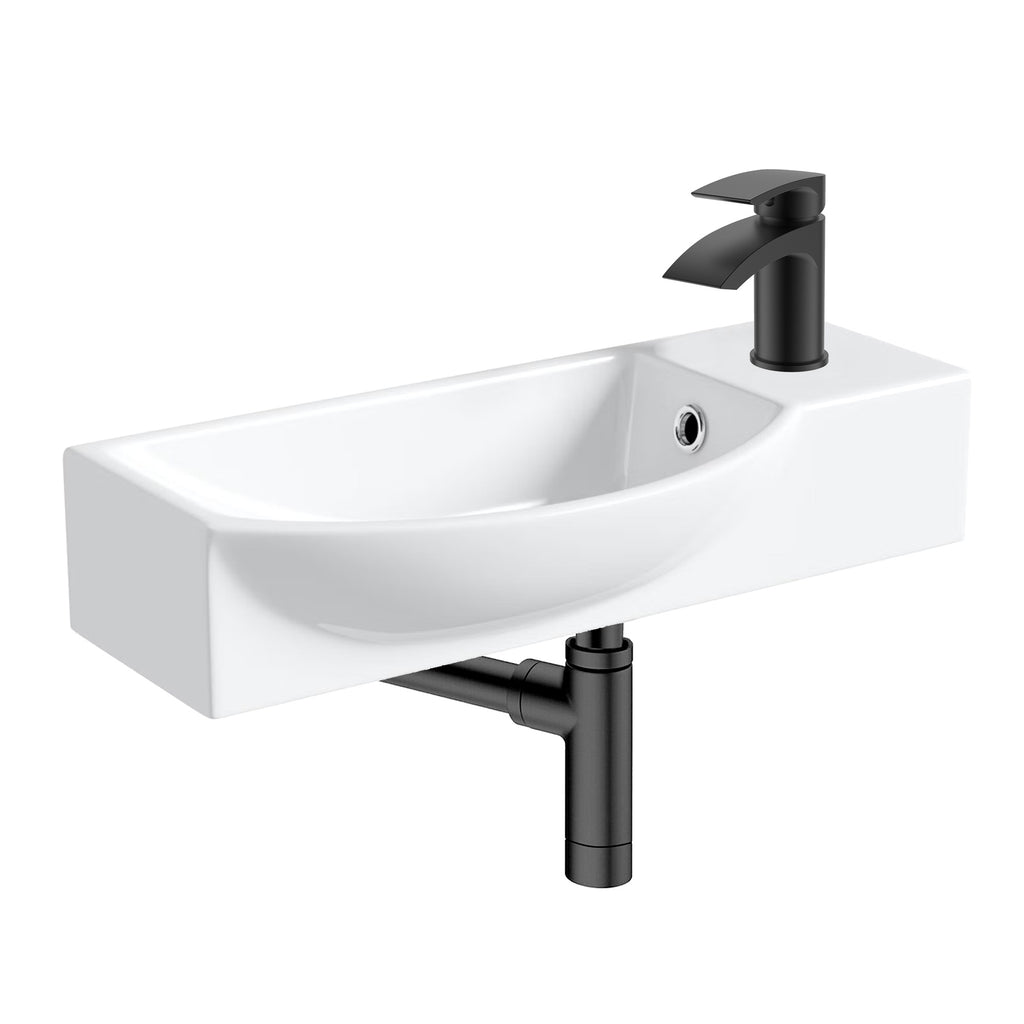 400mm Curved Wall Hung 1 Tap Hole Basin Matt Black Sleek Waterfall Tap & Minimalist Bottle Trap Waste