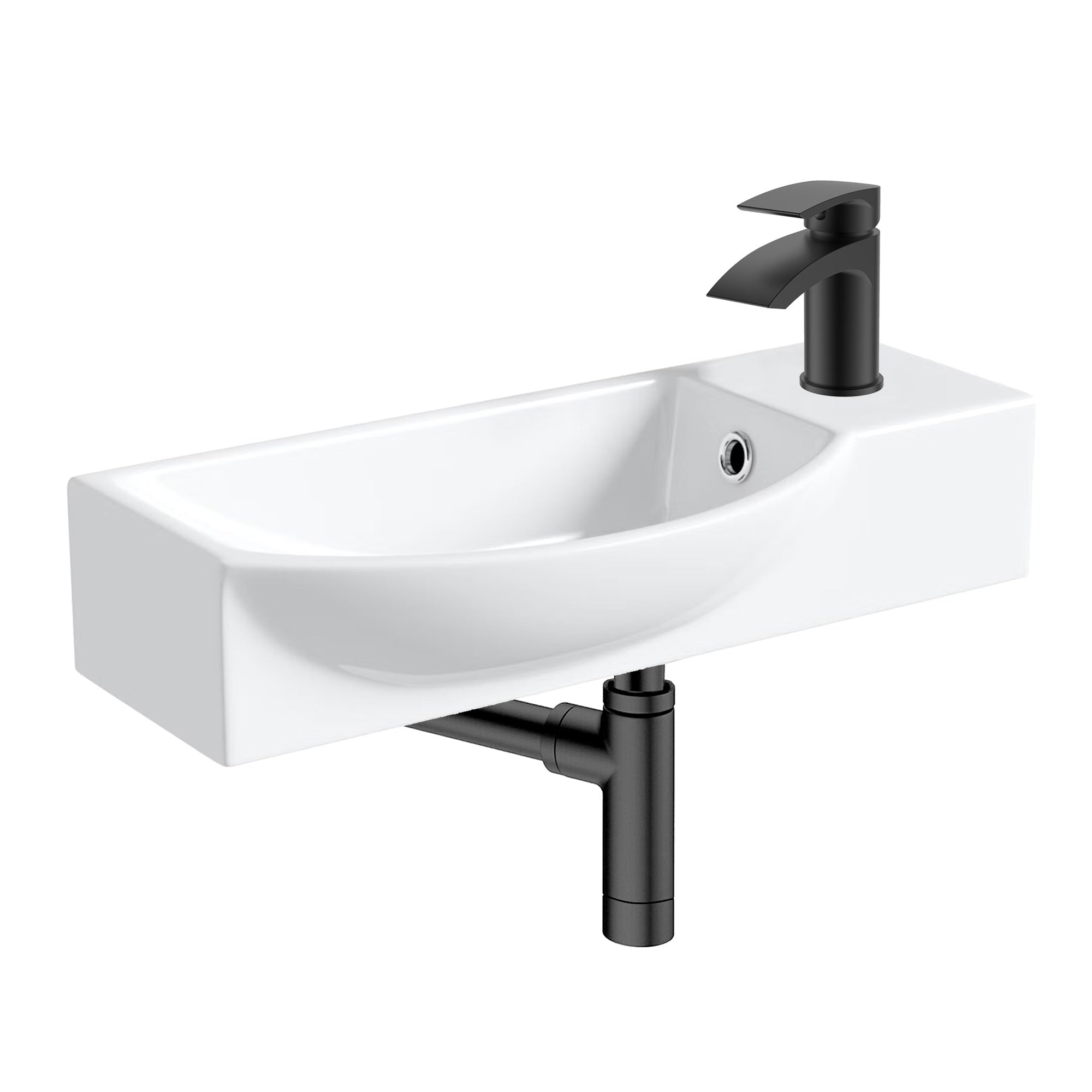 400mm Curved Wall Hung 1 Tap Hole Basin Matt Black Sleek Waterfall Tap & Minimalist Bottle Trap Waste