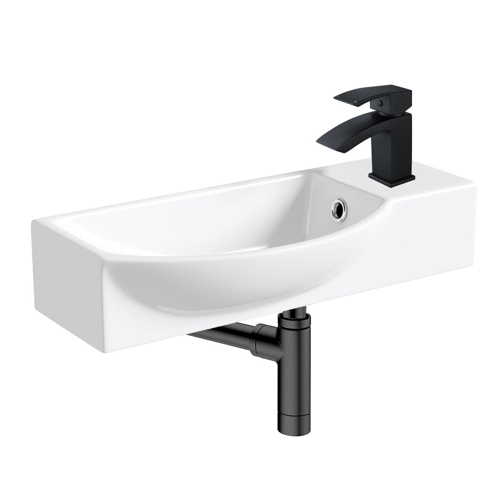 400mm Curved Wall Hung 1 Tap Hole Basin Matt Black Lucia Waterfall Tap & Minimalist Bottle Trap Waste