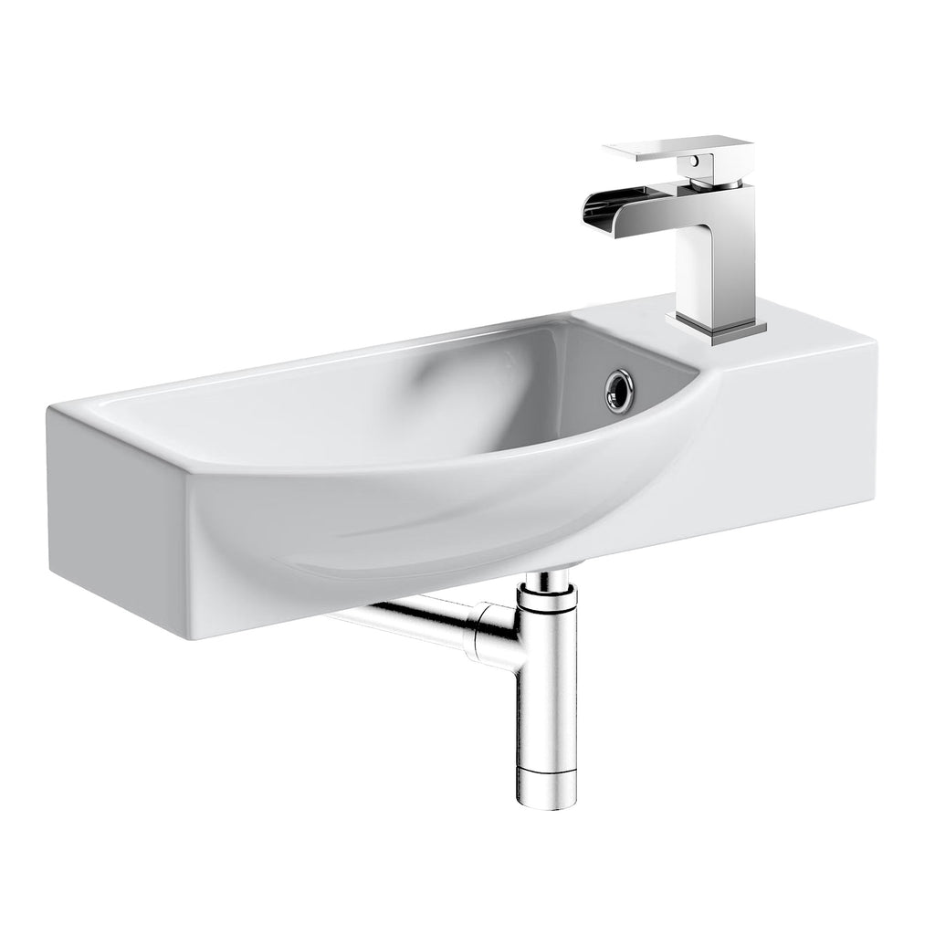 FNX 460mm Cloakroom Wall Hung Basin with Modern Waterfall Tap & Bottle Trap Set - Gloss White