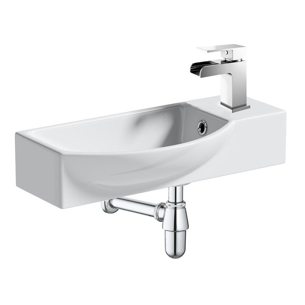 Modern 460mm Wall-Hung Cloakroom Basin & Chrome Waterfall Tap Kit with Waste & Bottle Trap