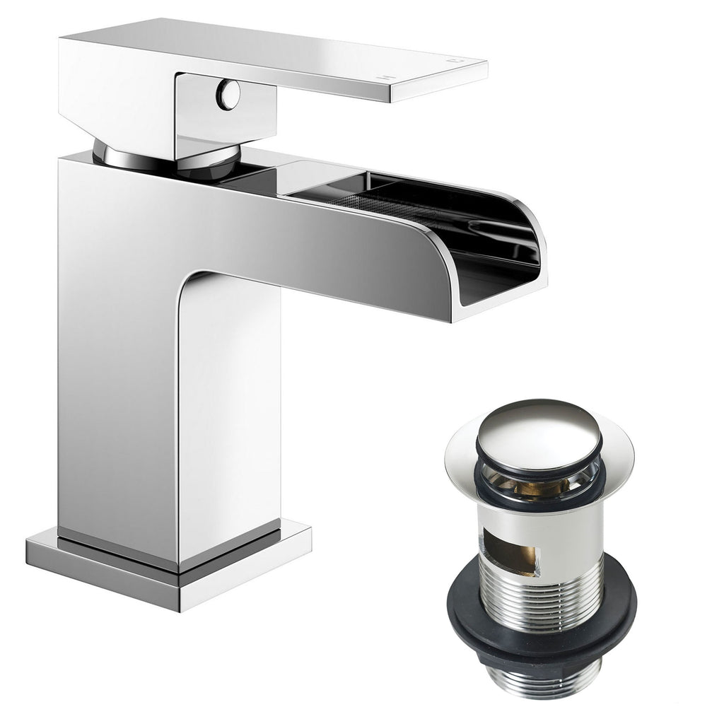Modern 460mm Wall-Hung Cloakroom Basin & Chrome Waterfall Tap Kit with Waste & Bottle Trap