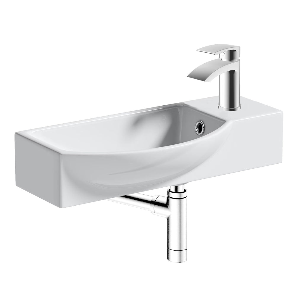 FNX 460mm Curved Wall Hung Cloakroom Basin with Chrome Waterfall Tap & Minimalist Bottle Trap Waste Set