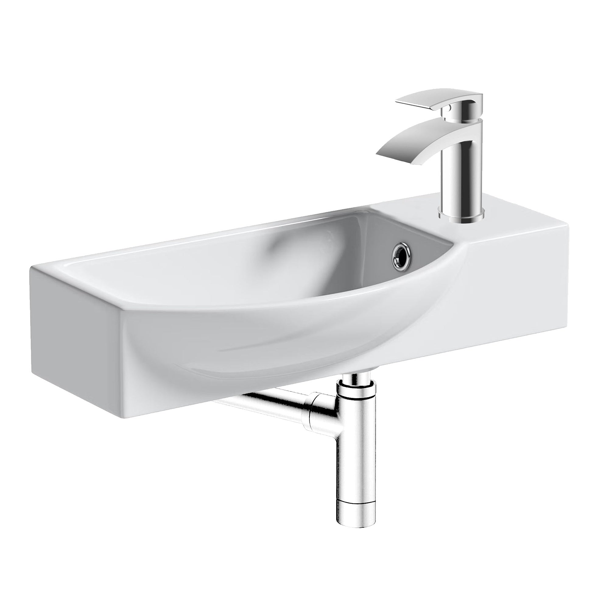 FNX 460mm Curved Wall Hung Cloakroom Basin with Chrome Waterfall Tap & Minimalist Bottle Trap Waste Set