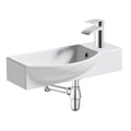 FNX Bathrooms 460mm Curved Wall Hung Cloakroom Basin with 1 Tap Hole, Chrome Waterfall Tap, Pop-Up Waste & Bottle Trap