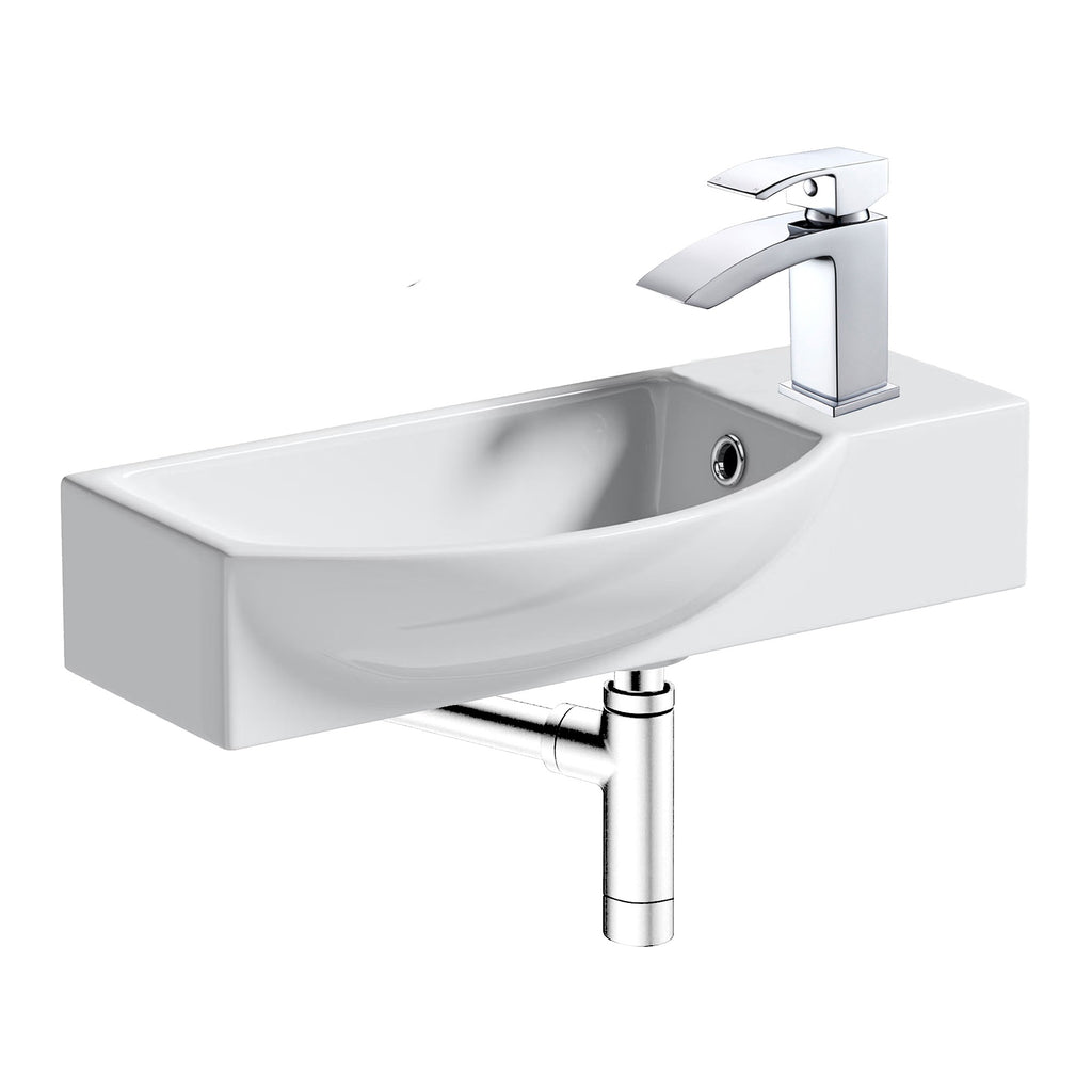 460mm Wall Hung Cloakroom Basin & Chrome Waterfall Tap Set with Pop-Up Waste & Bottle Trap - Gloss White Ceramic