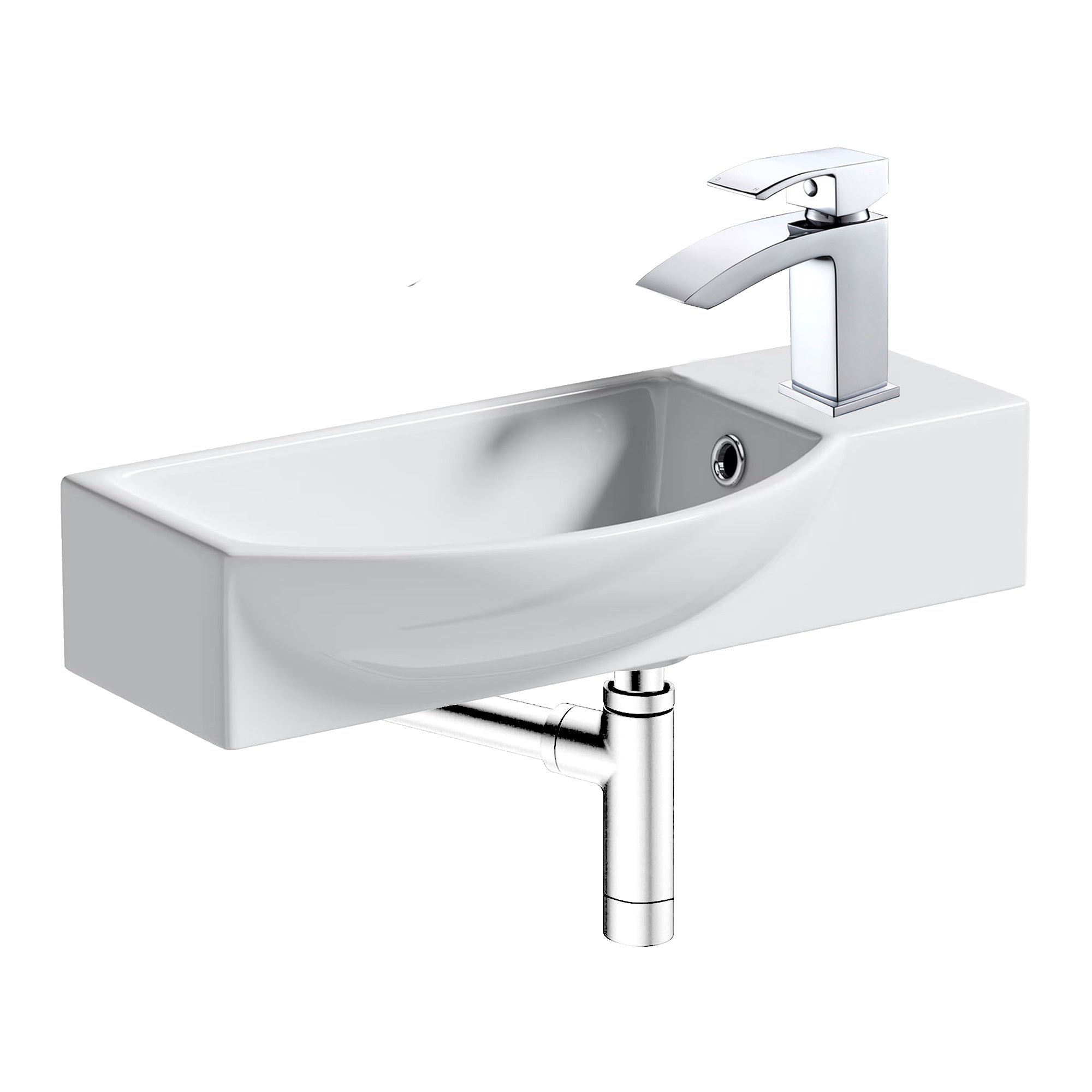 460mm Wall Hung Cloakroom Basin & Chrome Waterfall Tap Set with Pop-Up Waste & Bottle Trap - Gloss White Ceramic