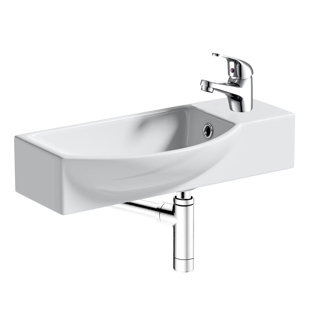 FNX Bathrooms 460mm Wall Hung Curved Basin Kit with Chrome Mixer Tap, Pop-Up Waste & Bottle Trap - High-Gloss White Ceramic