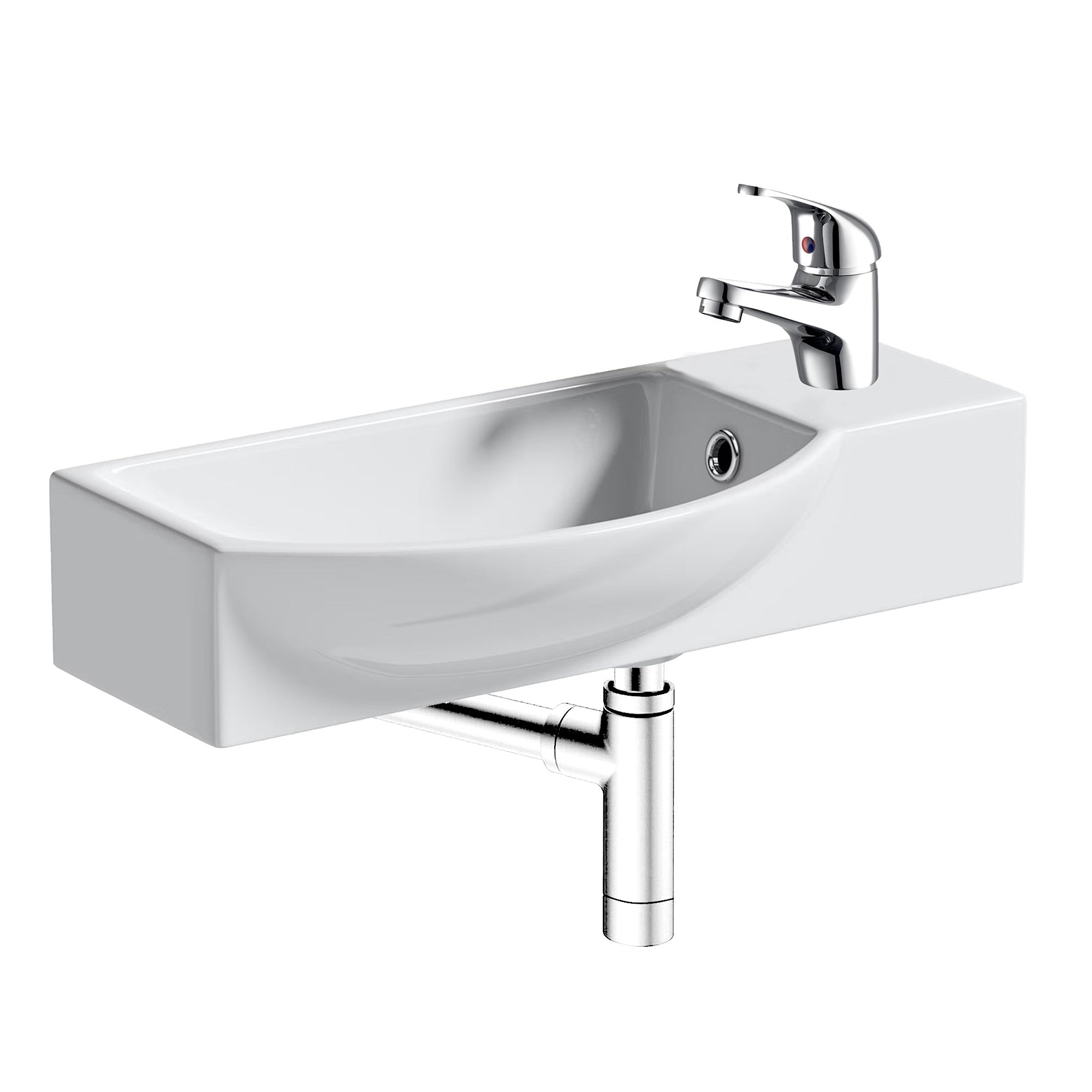 FNX Bathrooms 460mm Wall Hung Curved Basin Kit with Chrome Mixer Tap, Pop-Up Waste & Bottle Trap - High-Gloss White Ceramic