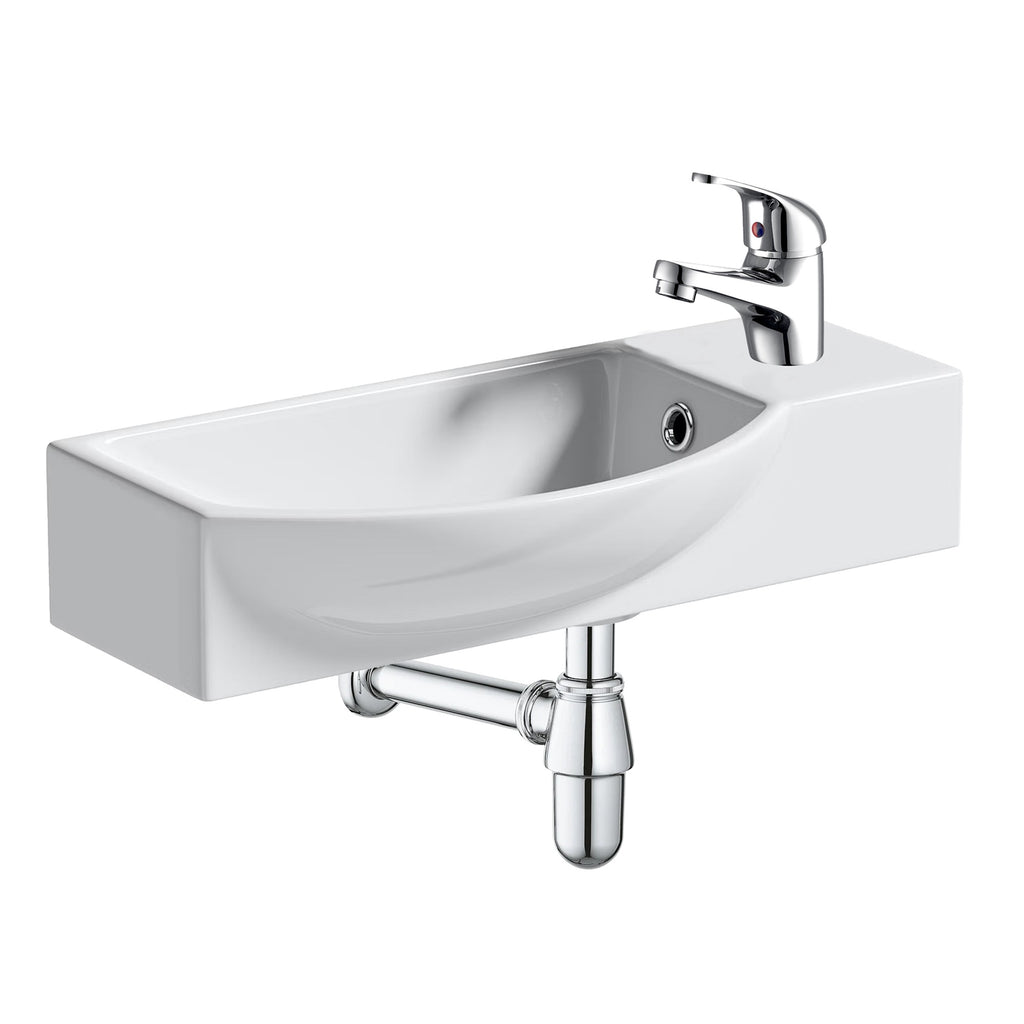 FNX Bathrooms 460mm Gloss White Wall Hung Cloakroom Basin with Chrome Tap & Pop-Up Waste Kit