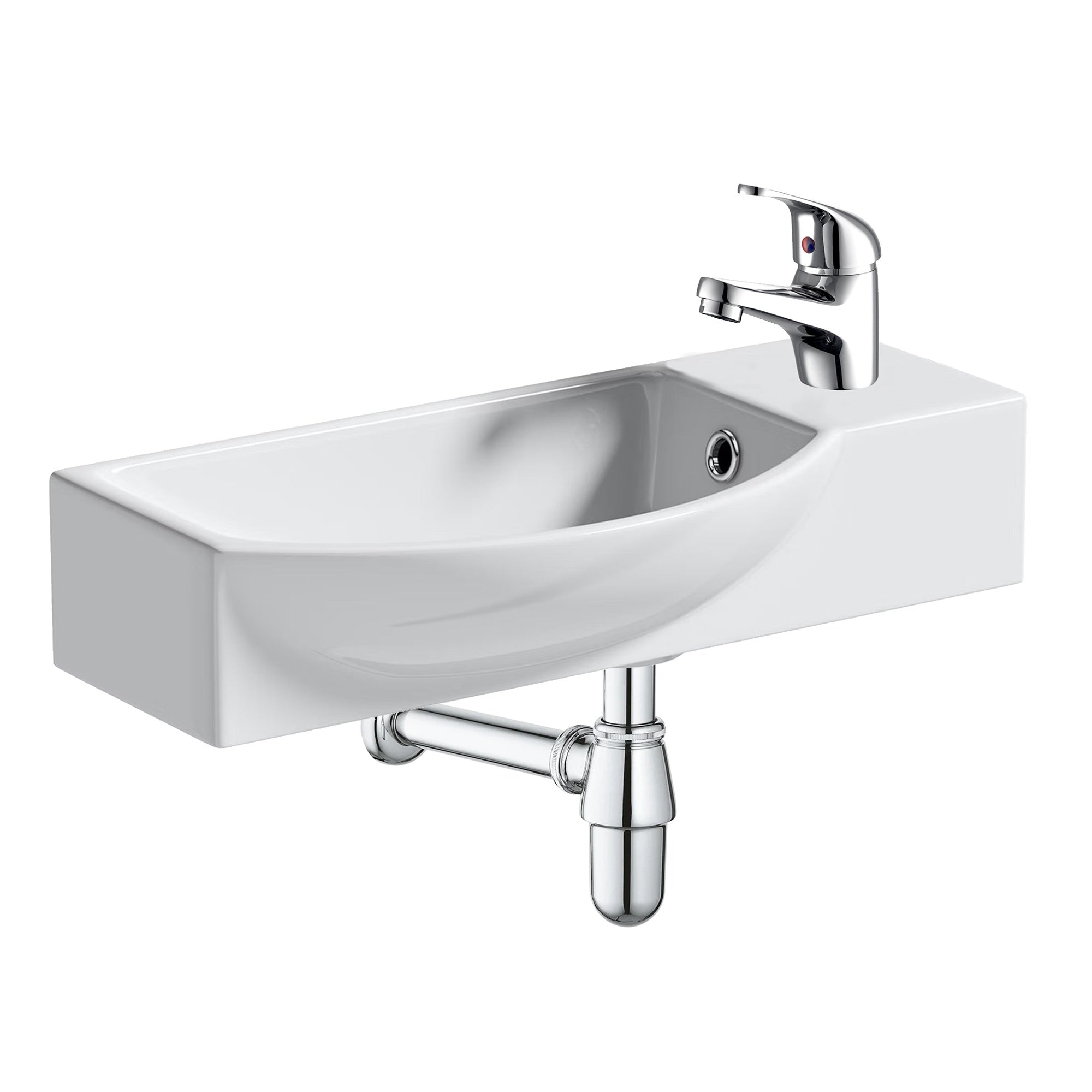 FNX Bathrooms 460mm Gloss White Wall Hung Cloakroom Basin with Chrome Tap & Pop-Up Waste Kit