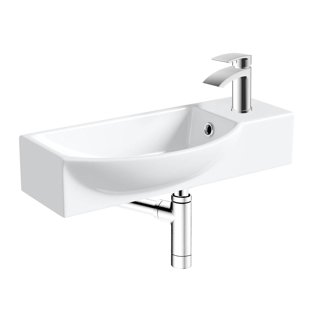400mm Curved Wall Hung 1 Tap Hole Basin Chrome Sleek Waterfall Tap & Minimalist Bottle Trap Waste