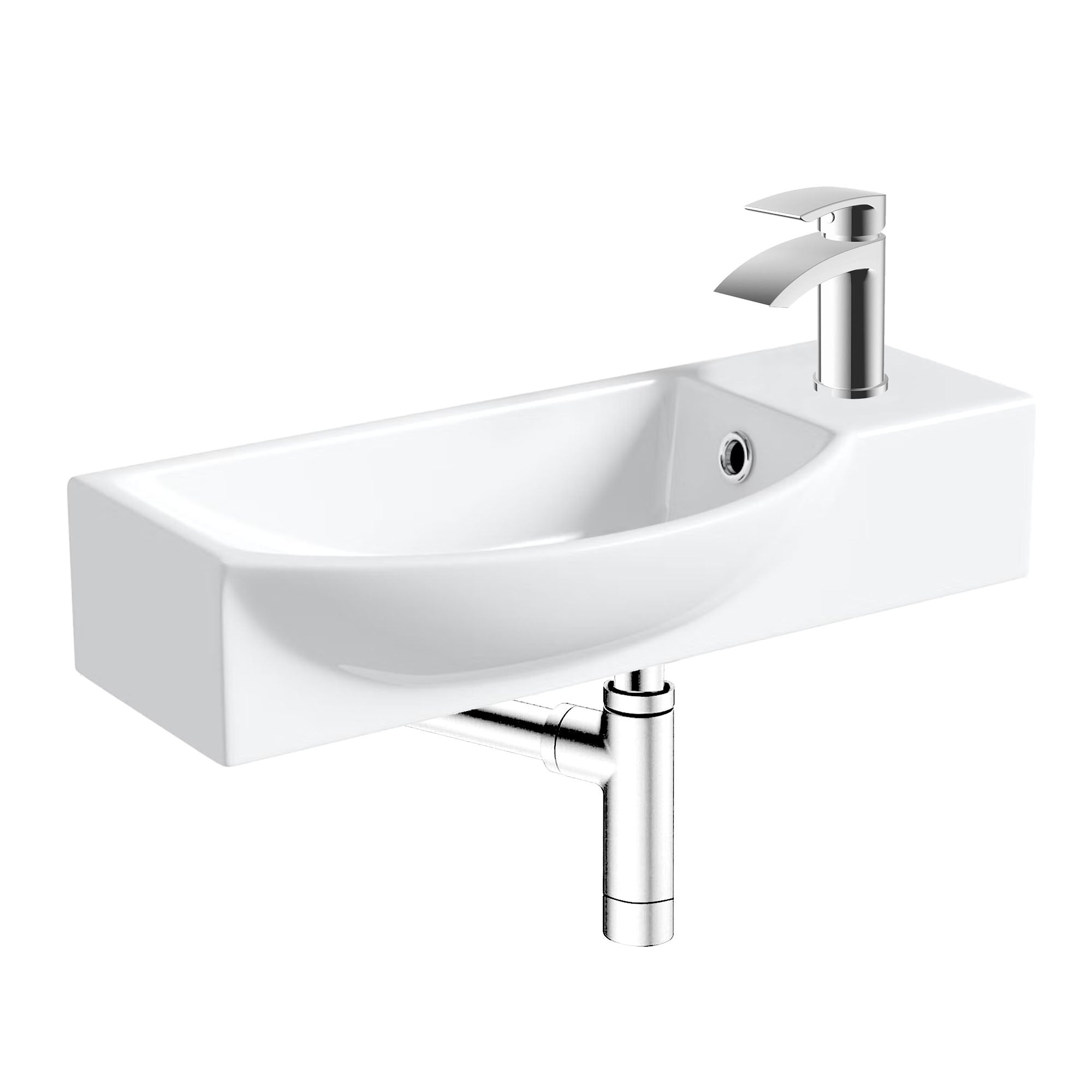 400mm Curved Wall Hung 1 Tap Hole Basin Chrome Sleek Waterfall Tap & Minimalist Bottle Trap Waste