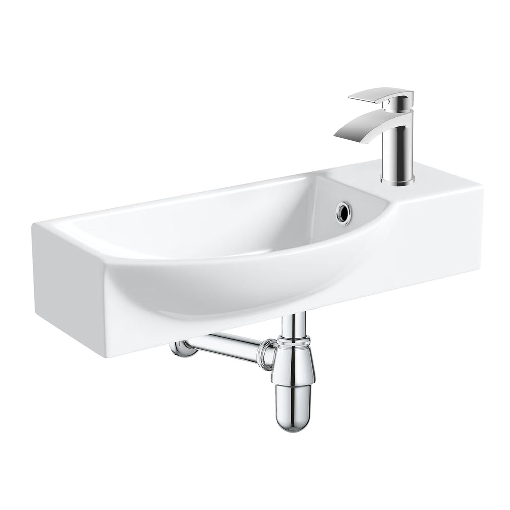 400mm Curved Wall Hung 1 Tap Hole Basin Chrome Sleek Waterfall Tap & Bottle Trap Waste