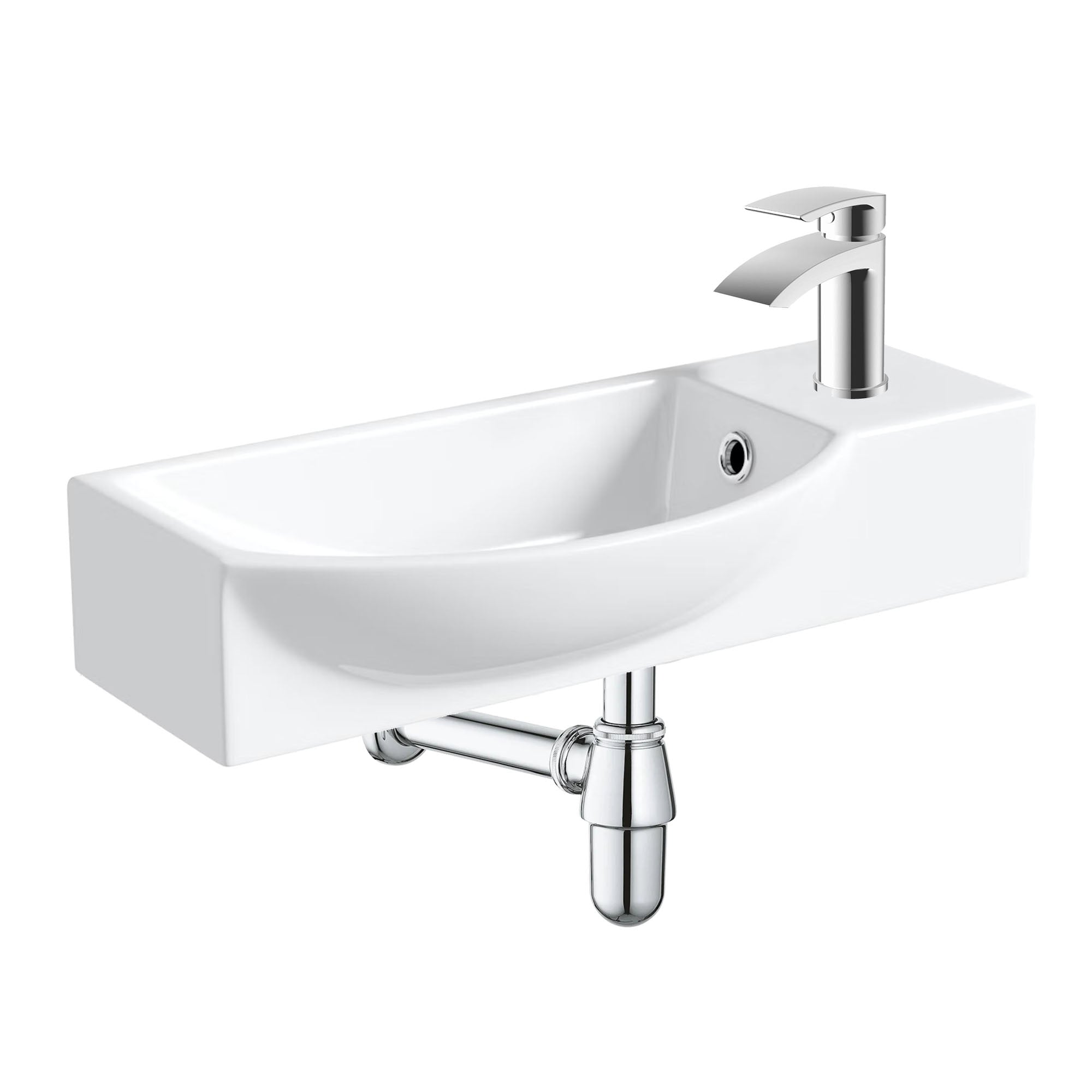400mm Curved Wall Hung 1 Tap Hole Basin Chrome Sleek Waterfall Tap & Bottle Trap Waste