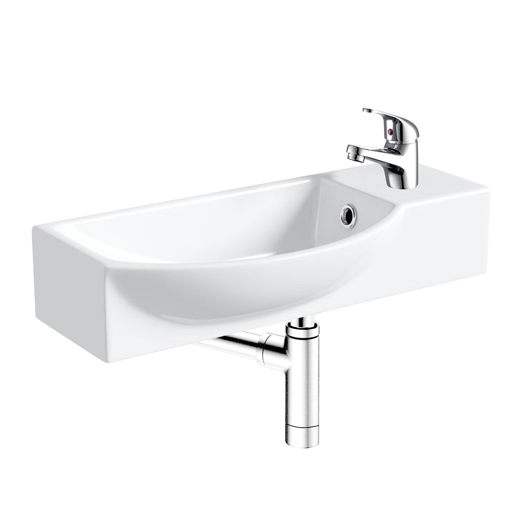 400mm Curved Wall Hung 1 Tap Hole Basin Chrome Dom Tap & Minimalist Bottle Trap Waste