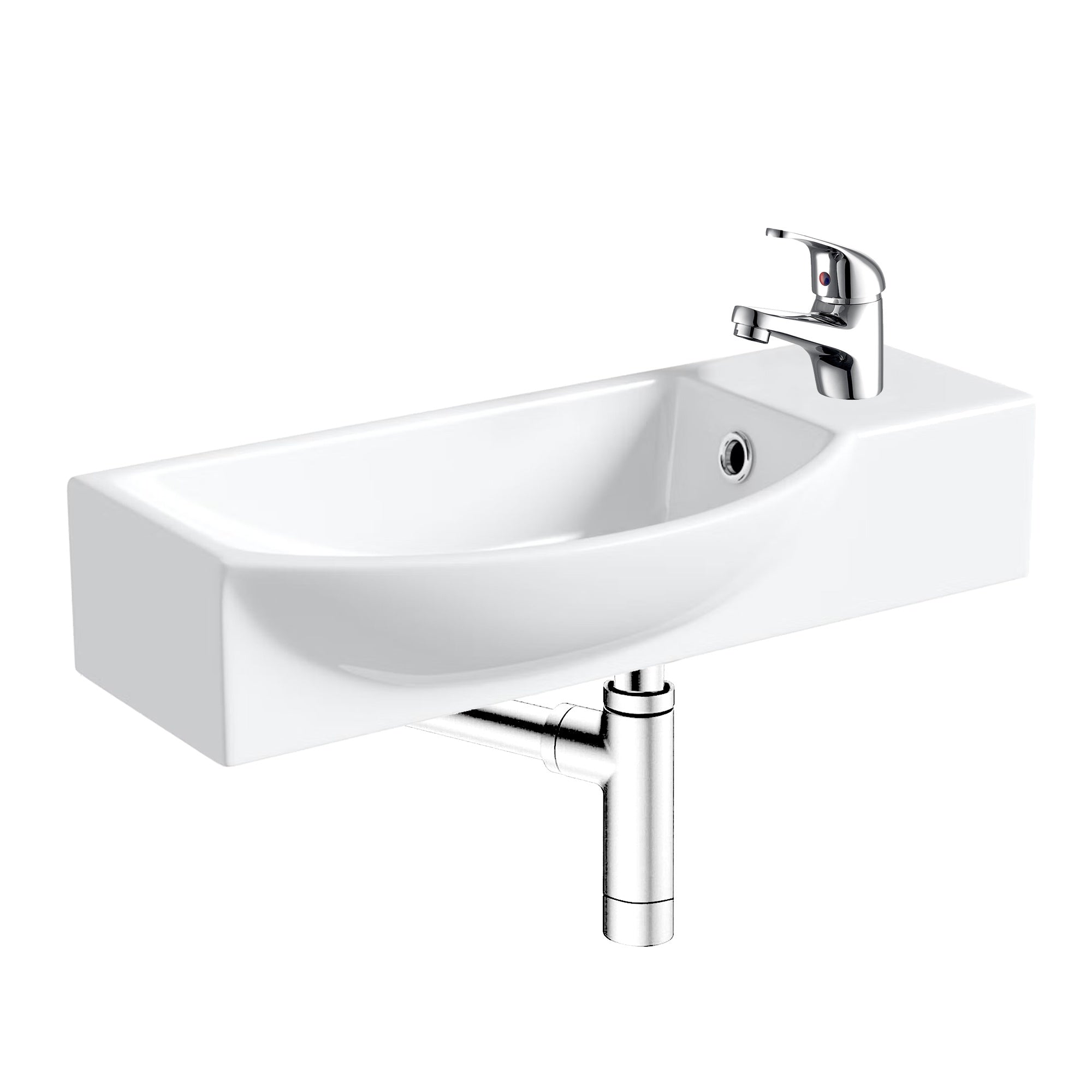 400mm Curved Wall Hung 1 Tap Hole Basin Chrome Dom Tap & Minimalist Bottle Trap Waste