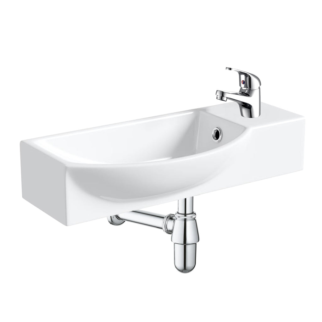 400mm Curved Wall Hung 1 Tap Hole Basin Chrome Dom Tap & Bottle Trap Waste