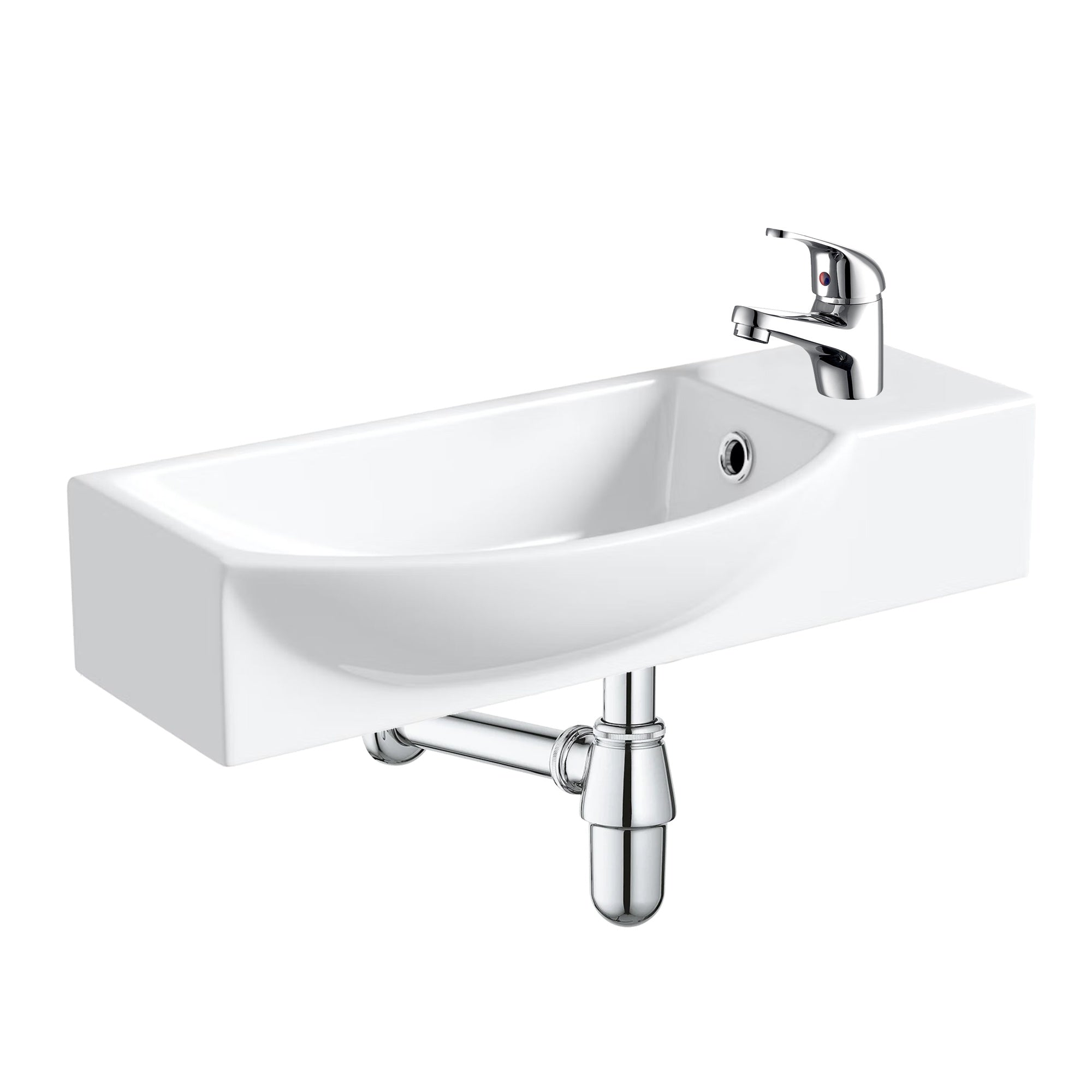 400mm Curved Wall Hung 1 Tap Hole Basin Chrome Dom Tap & Bottle Trap Waste
