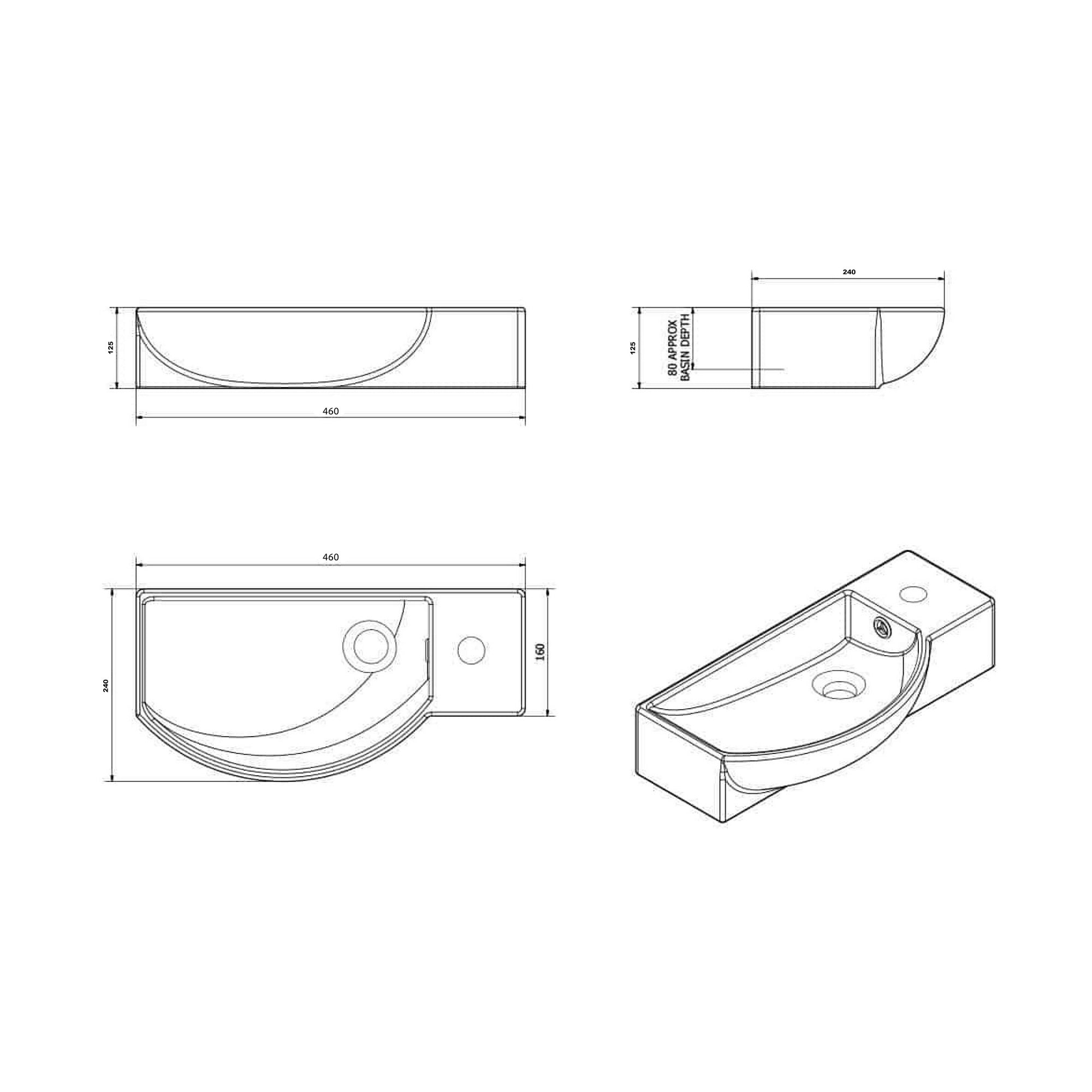 460mm Wall-Hung Gloss White Ceramic Cloakroom Basin with 1 Tap Hole