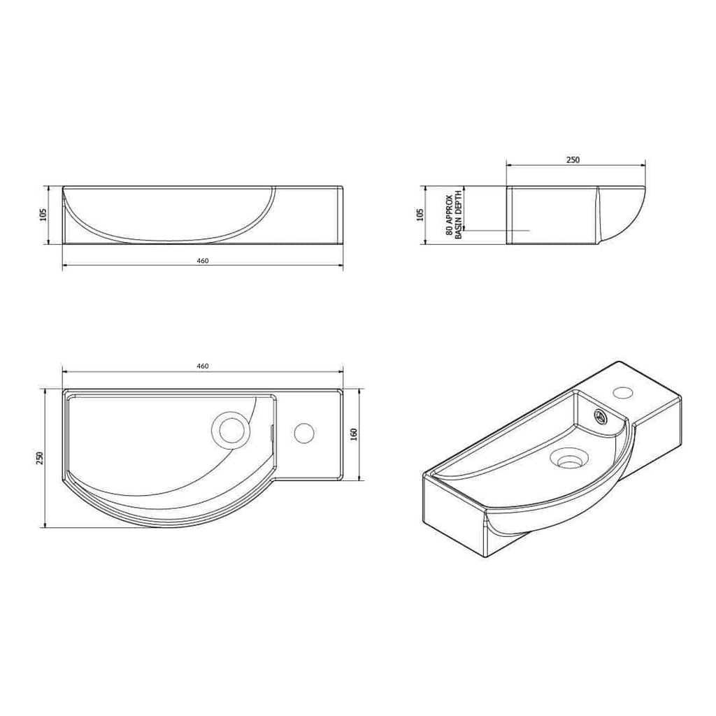 460mm Wall-Hung Gloss White Ceramic Cloakroom Basin with 1 Tap Hole