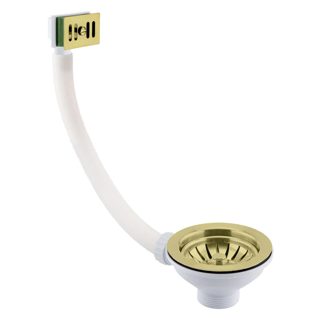 Newbury Brushed Brass Dual Lever Kitchen Sink Mixer & Basket Strainer (Square Overflow)