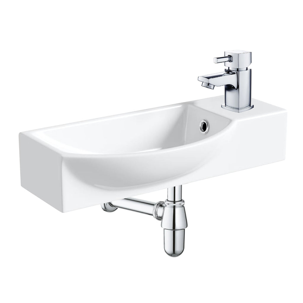 460mm Wall Hung Cloakroom Basin & Chrome Tap Kit with Bottle Trap & Slotted Waste