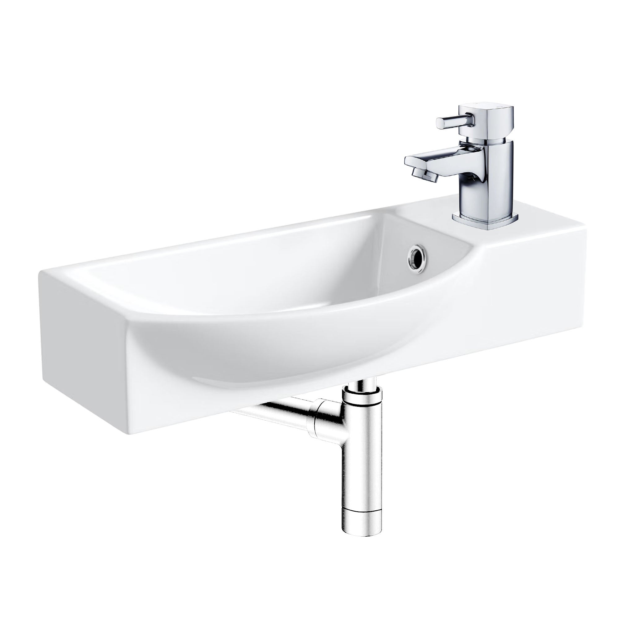FNX 460mm Wall Hung Cloakroom Basin Set with Chrome Tap & Minimalist Bottle Trap