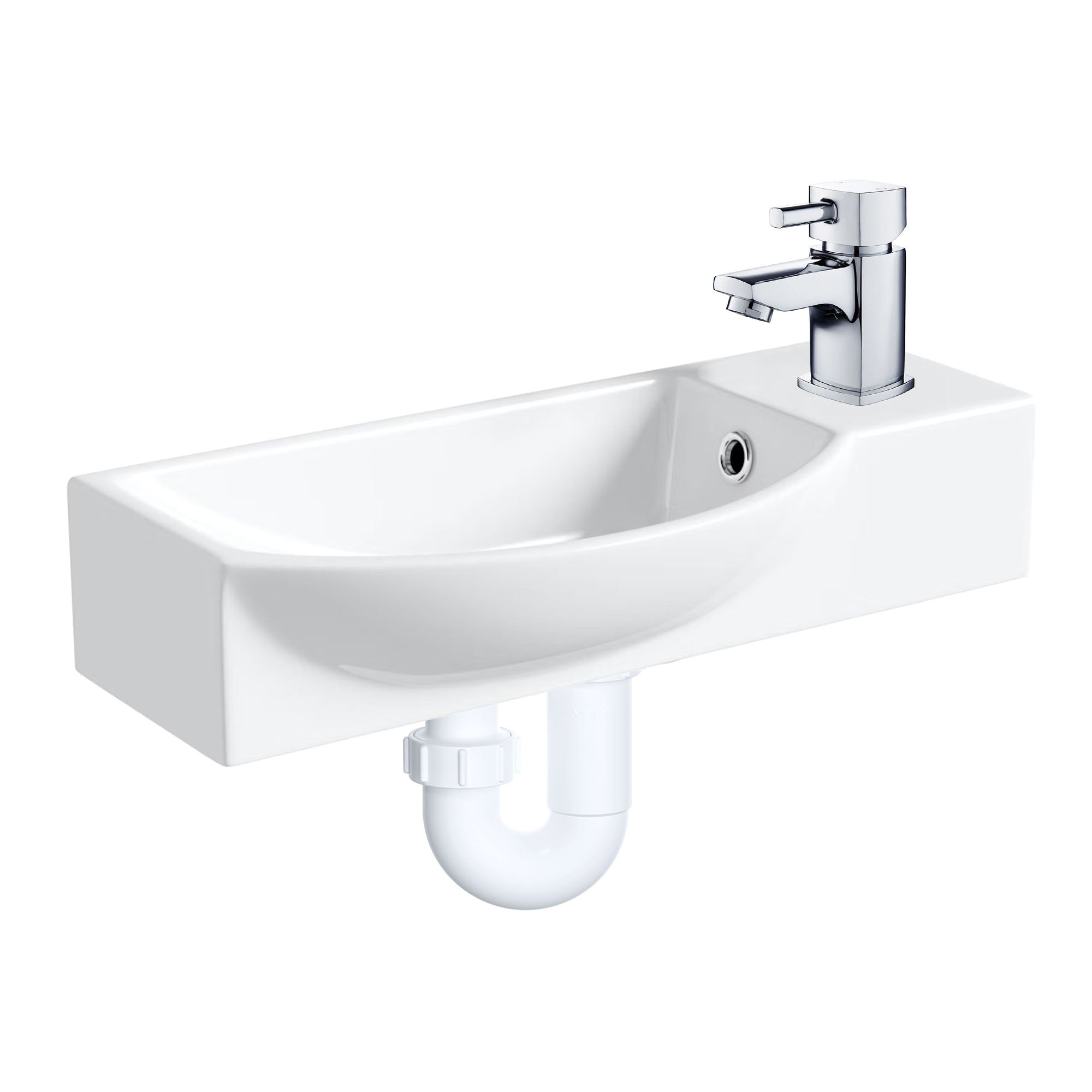 400mm Curved Wall Hung 1 Tap Hole Basin Chrome Hero Tap & Plastic Trap Waste