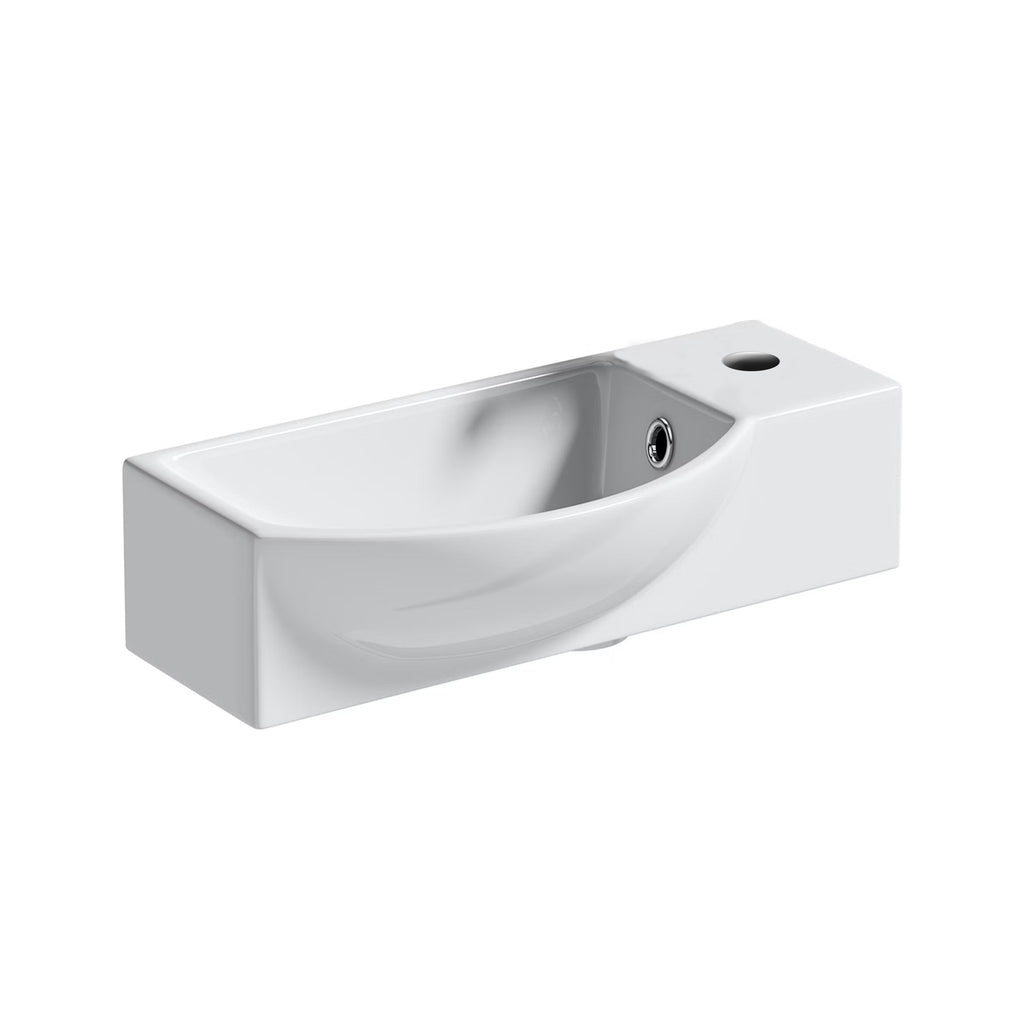 400mm Curved Wall Hung 1 Tap Hole Basin Chrome Hero Tap & Plastic Trap Waste