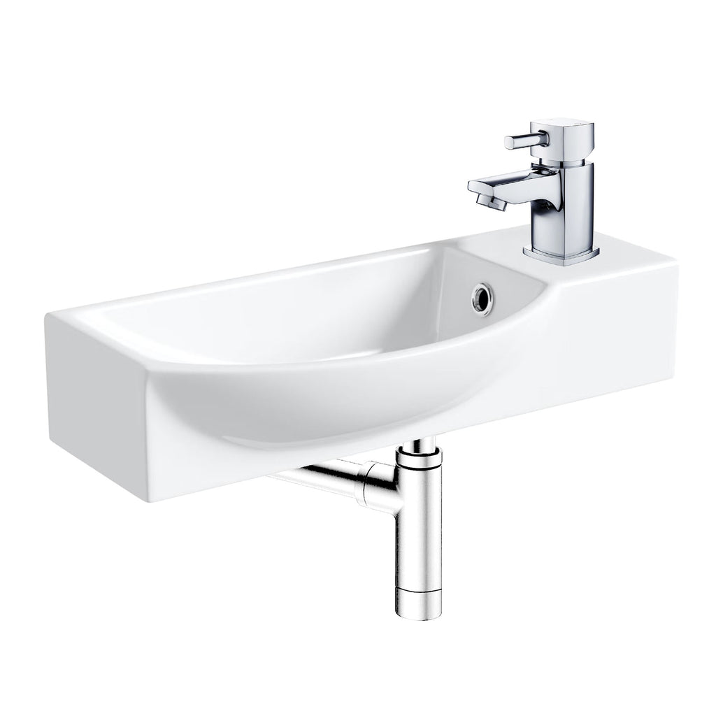 400mm Curved Wall Hung 1 Tap Hole Basin Chrome Hero Tap & Minimalist Bottle Trap Waste
