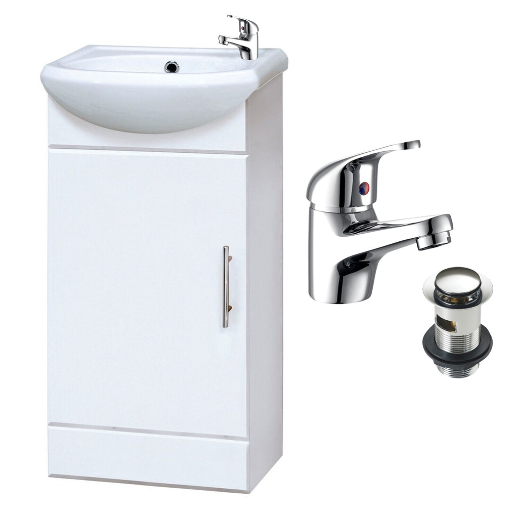 Gloss White 420mm Compact Freestanding Vanity Unit with Basin, Tap & Waste - Ideal for Cloakrooms