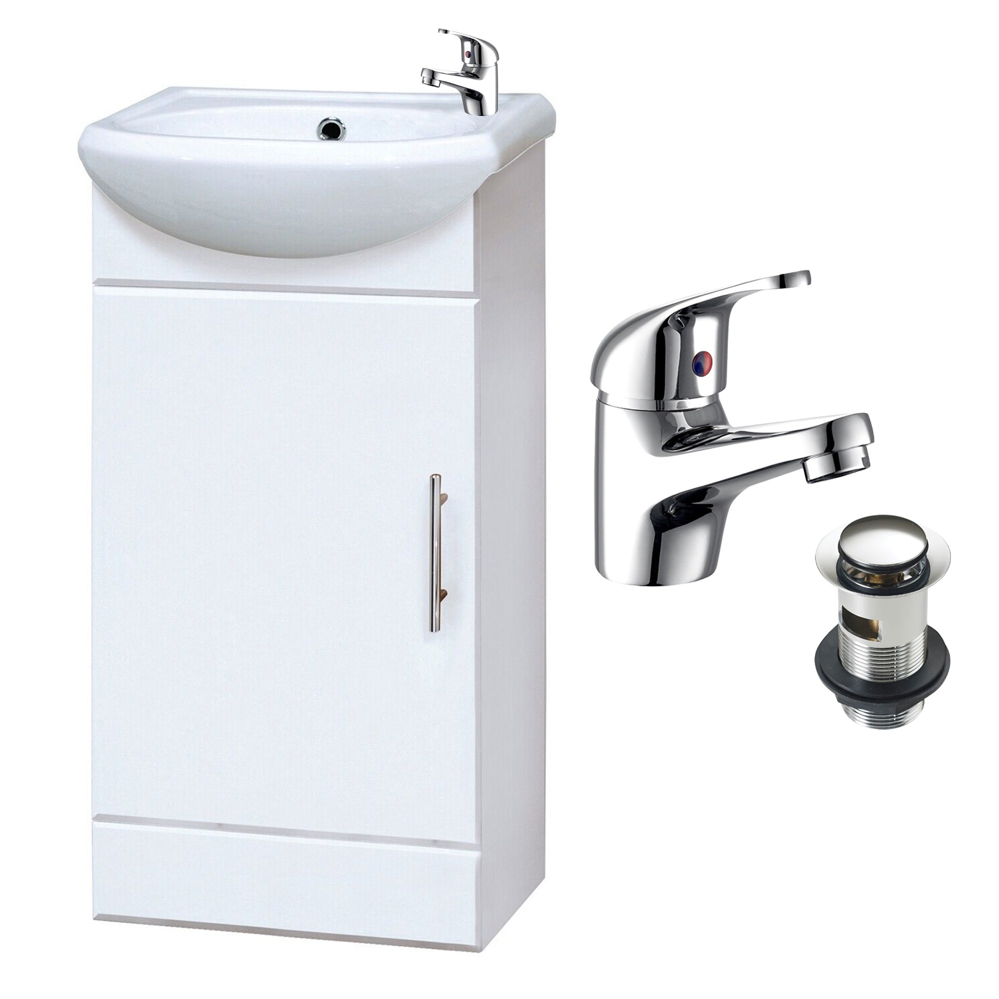 Gloss White 420mm Compact Freestanding Vanity Unit with Basin, Tap & Waste - Ideal for Cloakrooms