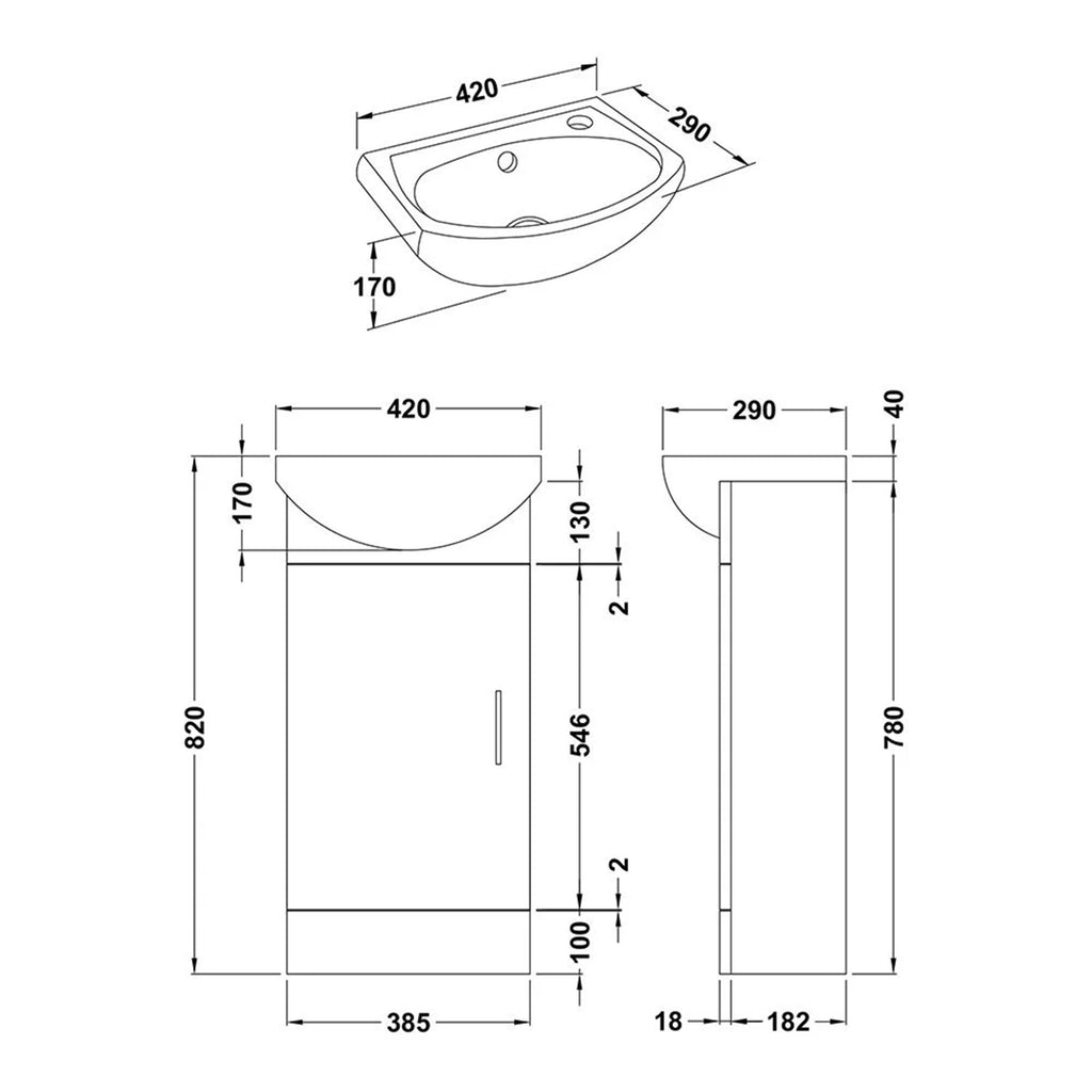 Gloss White 420mm Compact Freestanding Vanity Unit with Basin, Tap & Waste - Ideal for Cloakrooms