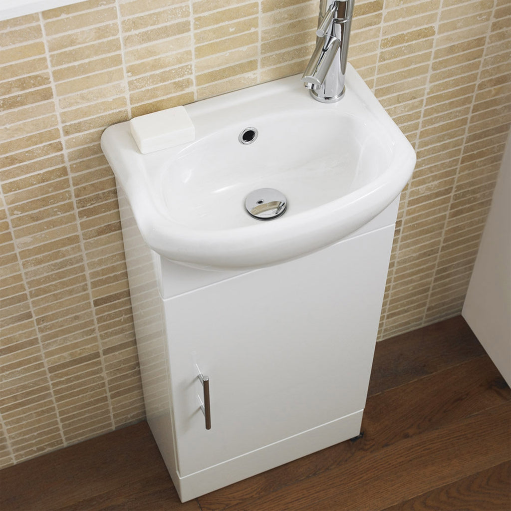 Gloss White 400mm Semi Reccessed Vanity Basin Sink Unit & Matt Black Form Tap, Waste & Black Handle