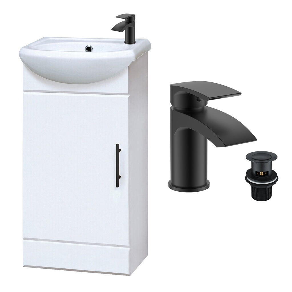 Gloss White 420mm Compact Freestanding Vanity Unit with Basin & Matt Black Waterfall Tap & Waste