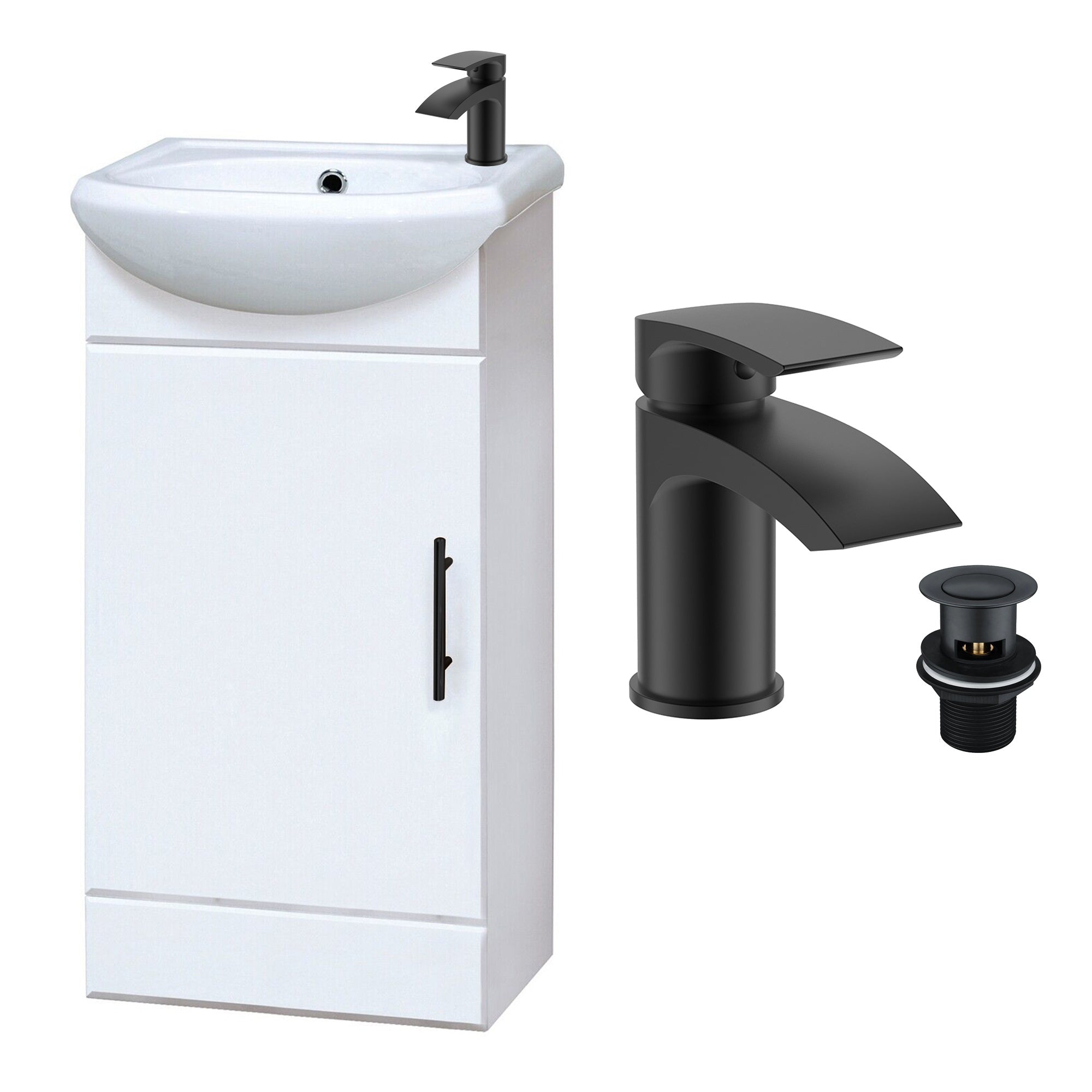 Gloss White 420mm Compact Freestanding Vanity Unit with Basin & Matt Black Waterfall Tap & Waste