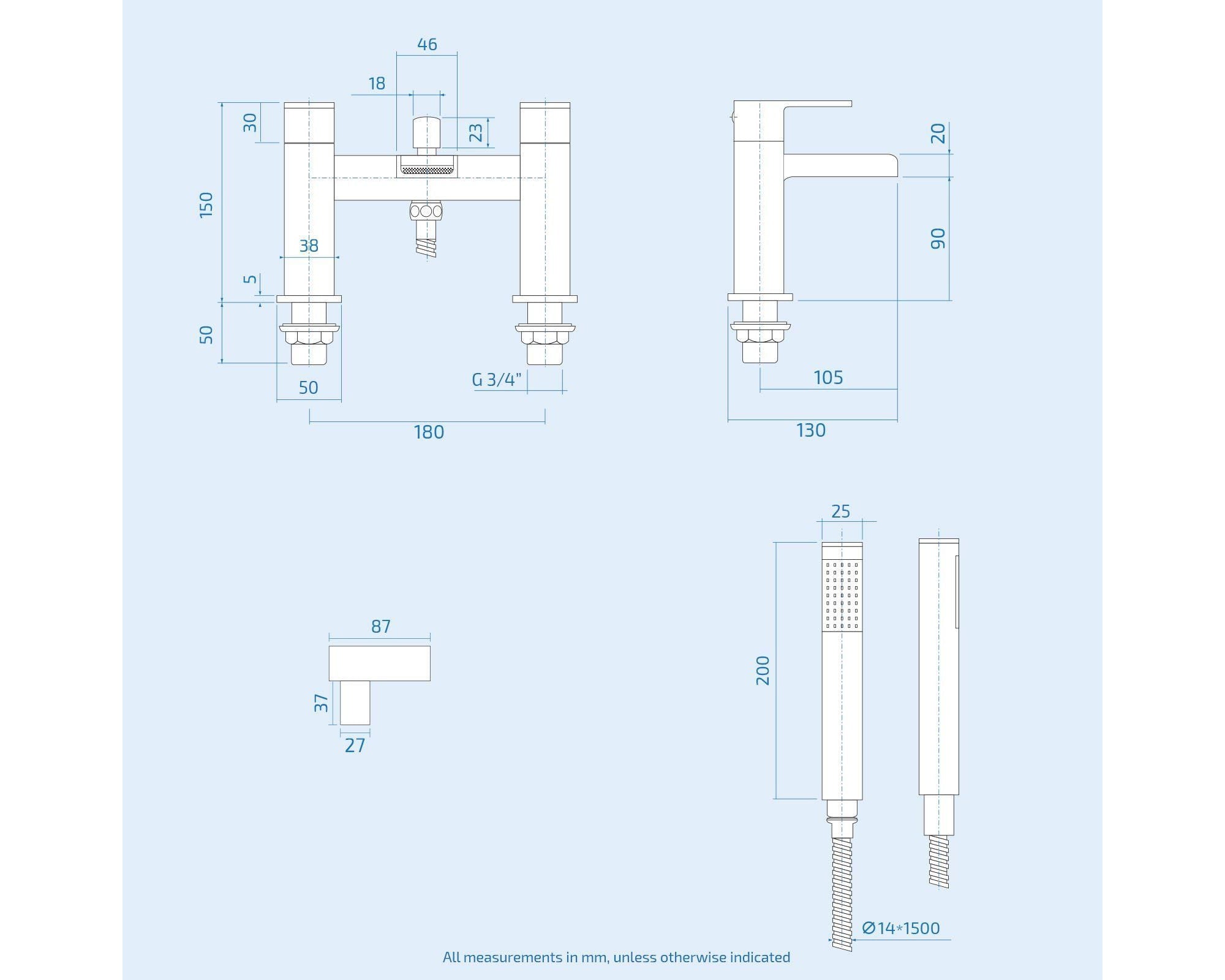 Square Over Head 3 Way Rigid Riser Shower Kit with Waterfall Bath Shower Mixer