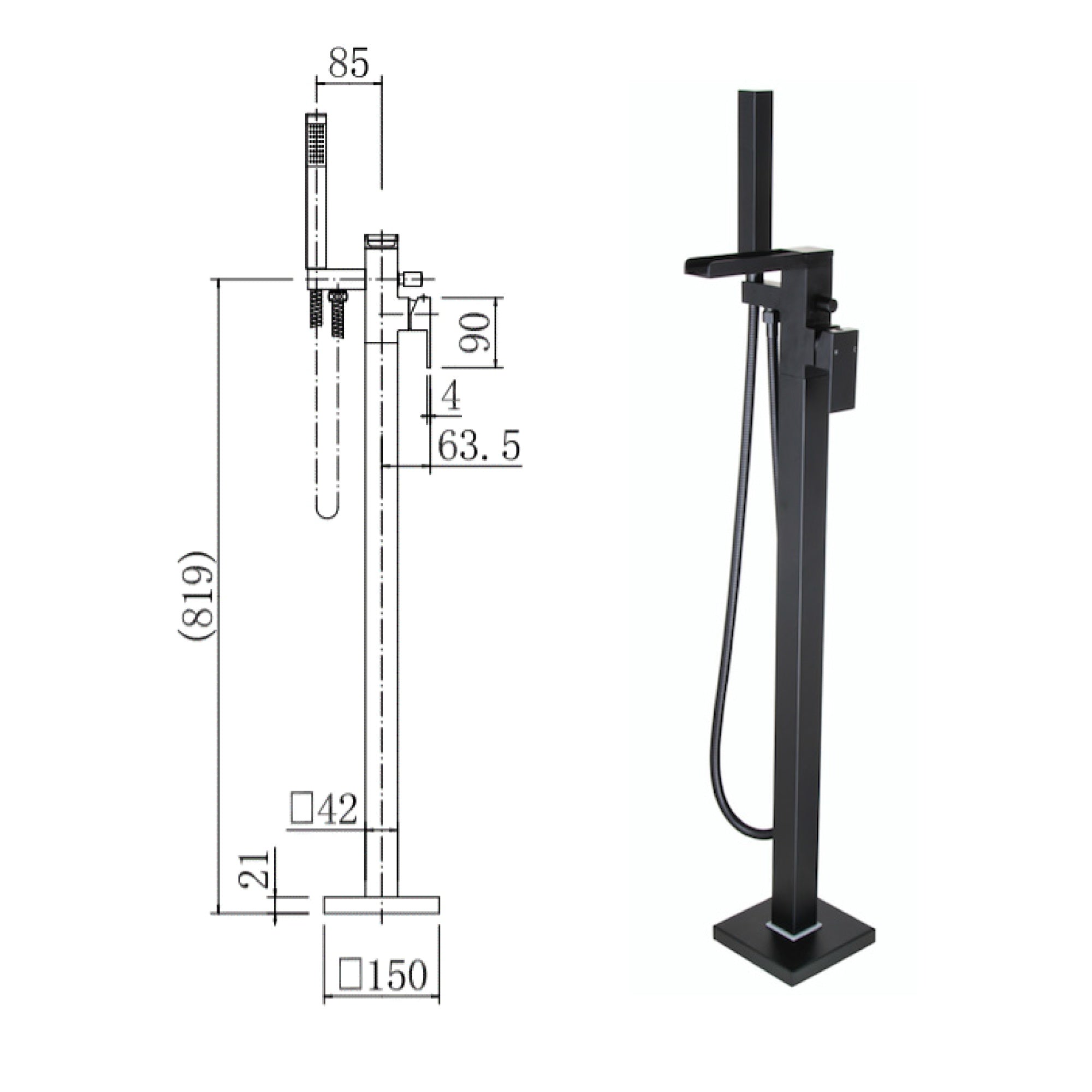 Waterfall Free Standing Bath Shower Mixer Tap Square Matt Black
