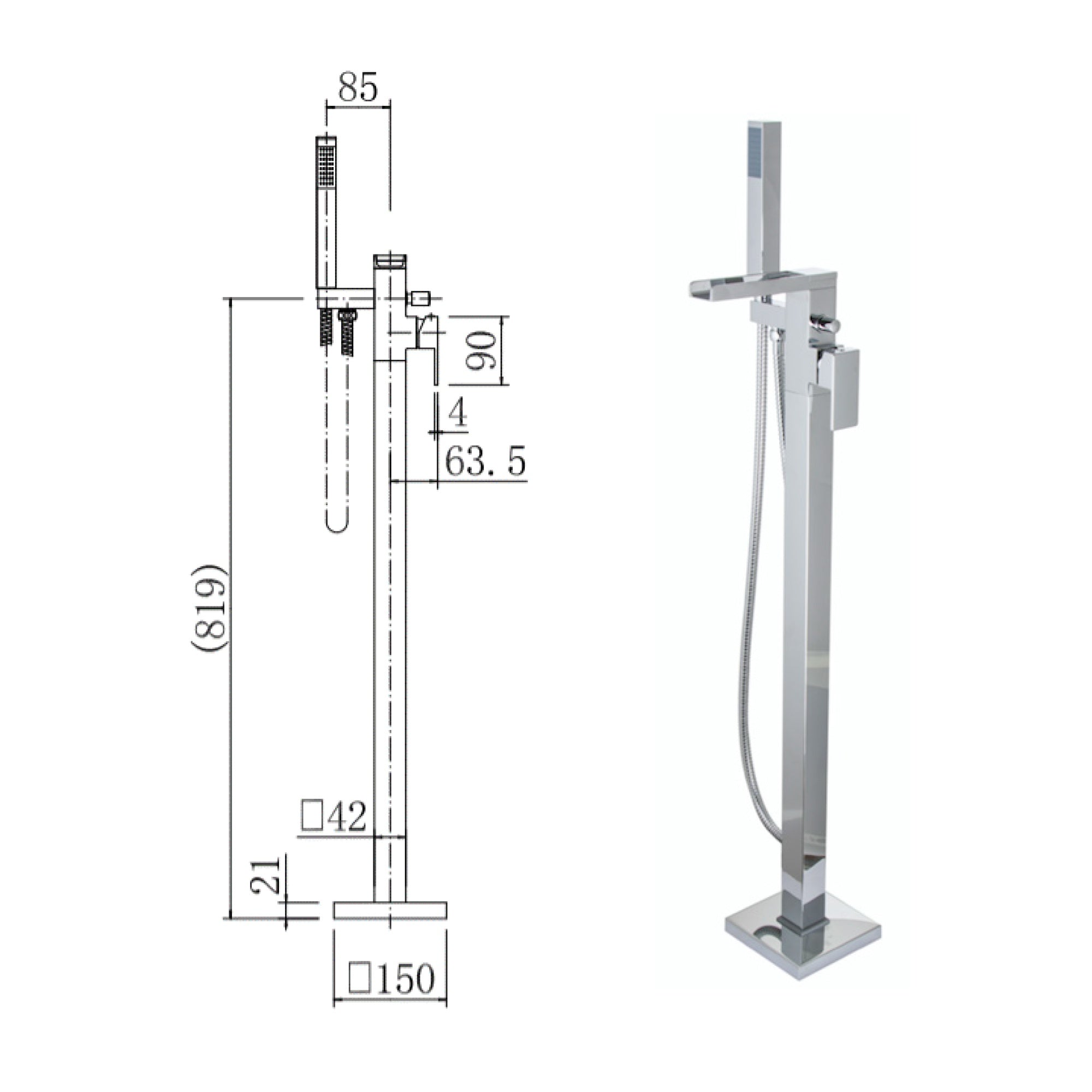 Waterfall Free Standing Bath Shower Mixer Tap Square Chrome